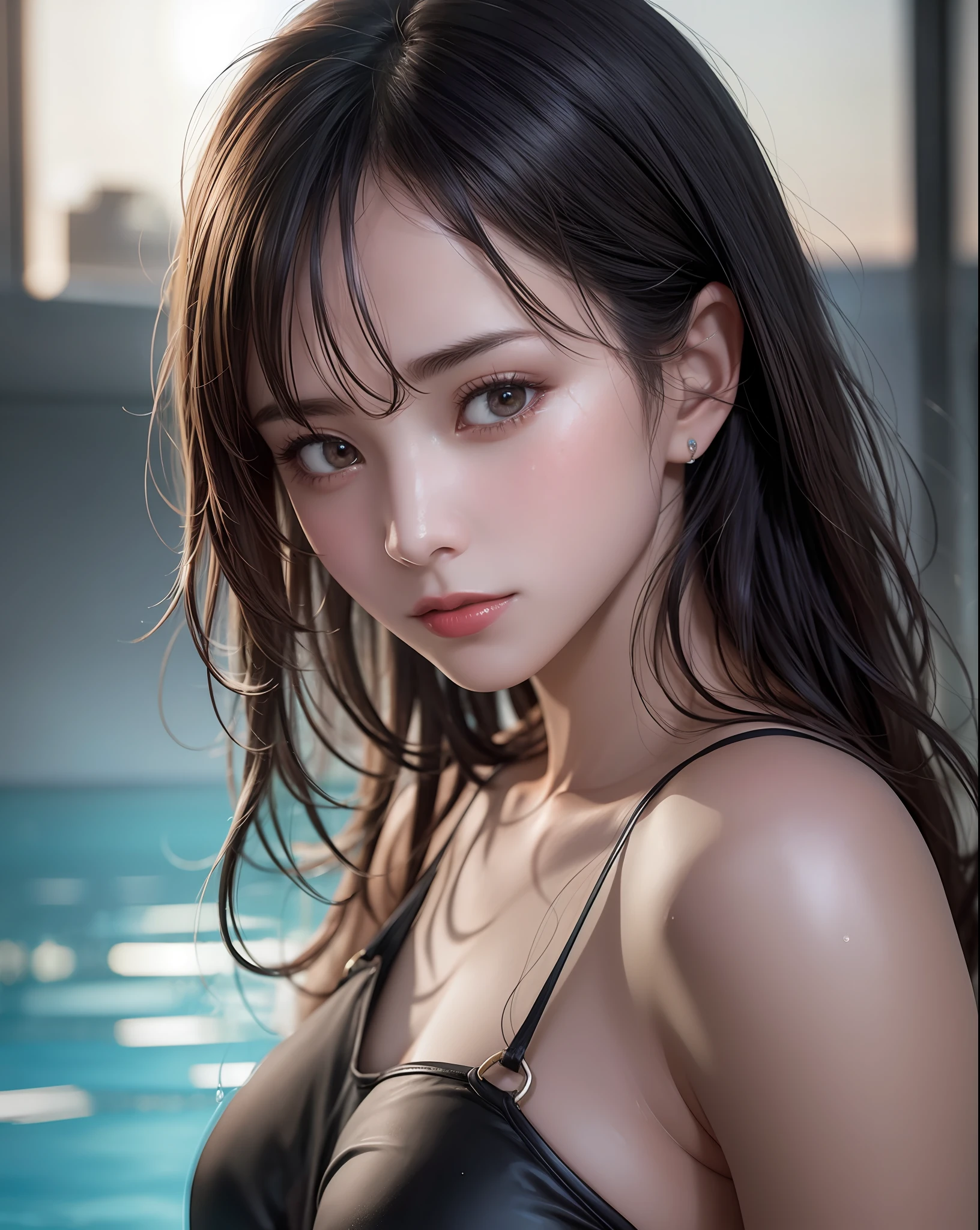 (dark shot:1.1), epic realistic, RAW, analog, A full portrait of stunning woman wearing swimsuit, alluring expression, swimming pool, clear water, wet hair, natural look, no make up, pureerosface_v1, masterpiece that captures the essence and beauty of the woman and water, ((highly detailed skin, skin details, water details)), sharp focus, volumetric fog, 8k UHD, DSLR, high quality, film grain, Fujifilm XT3, art by greg rutkowski and artgerm, soft cinematic light, adobe lightroom, photolab, hdr, intricate, highly detailed, (depth of field:1.4), faded, (neutral colors:1.2), (hdr:1.4), (muted colors:1.2), hyperdetailed, (artstation:1.4), cinematic, warm lights, dramatic light, (intricate details:1.1), complex background, (rutkowski:0.66), (teal and orange:0.4), (natural skin texture, hyperrealism, soft light, sharp)