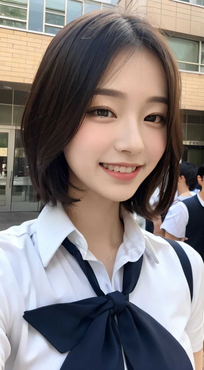 Highly detailed 8k wallpaper), short hair, sharp focus, detailed, dramatic, delicate and beautiful schoolgirl, white shirt, navy blue ribbon collar, dark blue pleated micro mini, sexy, smile, peek at the viewer, graphics beautiful, bright school building, full of students, show the whole body,.