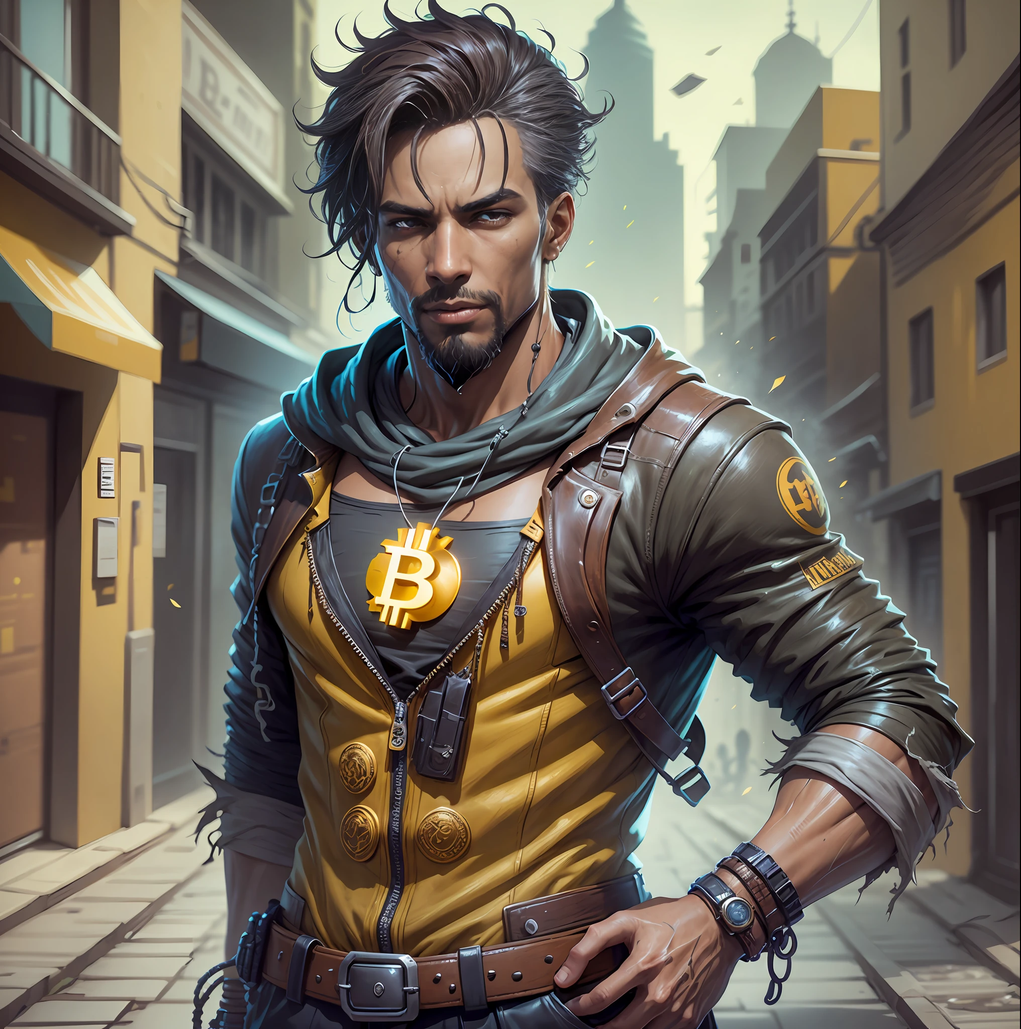 Create a DC comics style character, a man, bitcoin, hair blooming color, brown skin, different from those that exist, well detailed, tattered clothing, fortnite style scenery, high quality in details, looking at the front of the screen . bitcoin