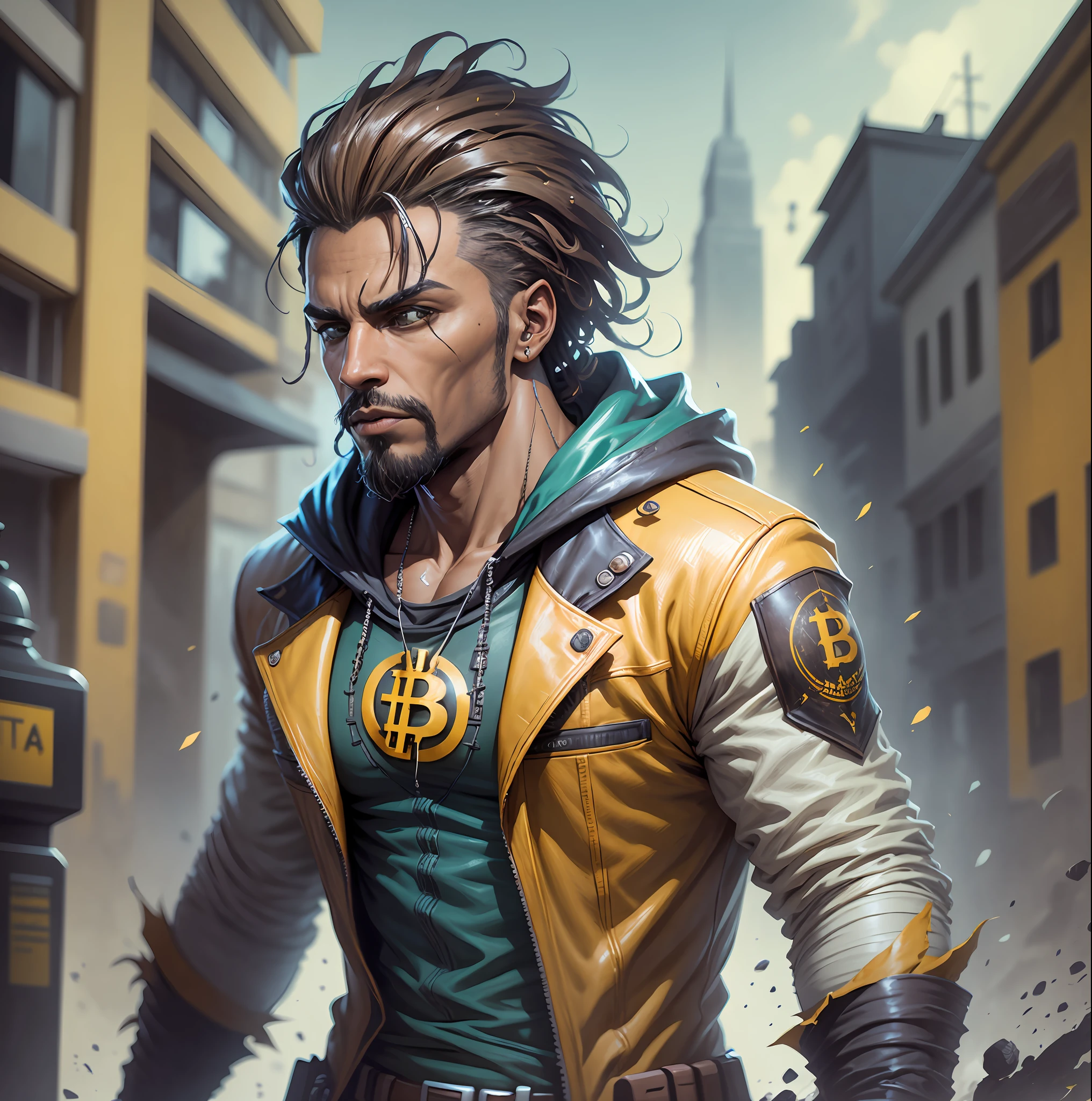 Create a DC comics style character, a man, bitcoin, hair blooming color, brown skin, different from those that exist, well detailed, tattered clothing, fortnite style scenery, high quality in details, looking at the front of the screen . bitcoin