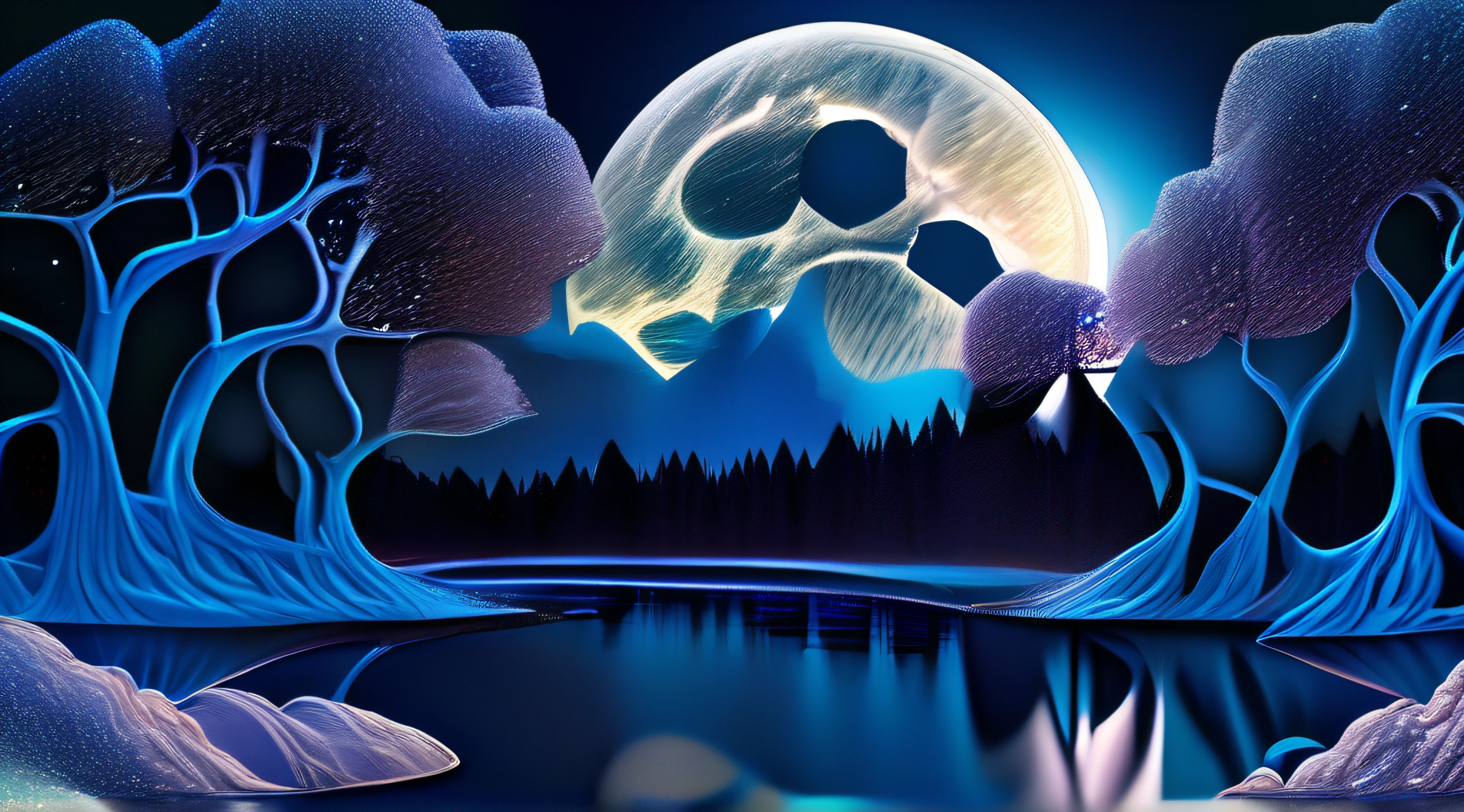 This is a surreal complex CG rendering. At night, the dark blue sky is twinkling with stars, crescent water, moonlight, starlight, trees, the shining Milky Way, art, high-definition, starry sky, glaciers, many huge blue rose glaciers, surreal blue roses, as well as many small and colorful luminous particles, dreams, high-definition complex details, beauty, 4K, aurora, octane light and shadows, complex details, ultra wide angle, and panoramic photography. Virtual engine, volume light, reflected light, light effect. Three dimensional. 16 kHz