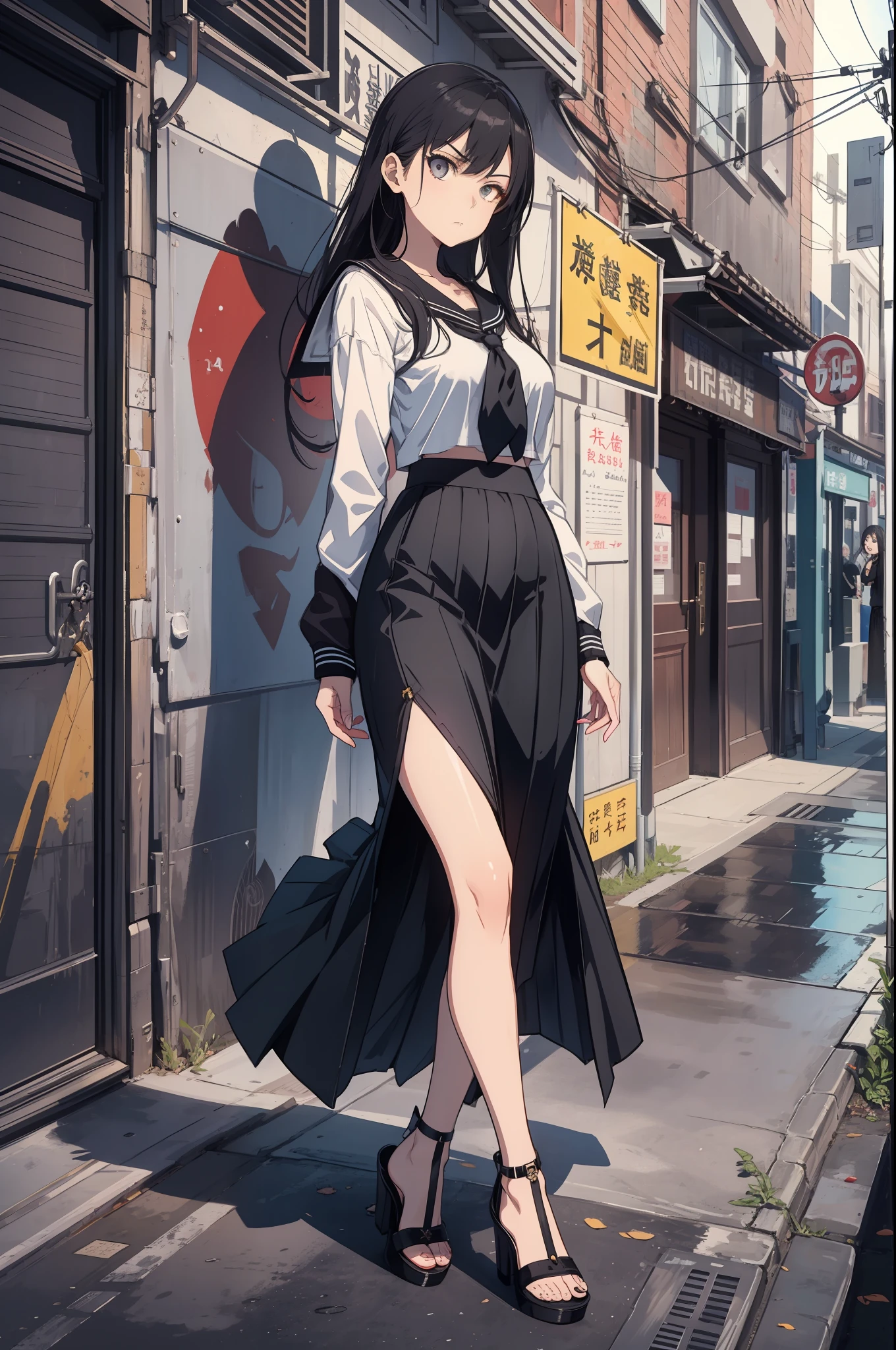 clearface,​master piece,hyper quality, Hyper Detailed,Perfect drawing,nffsw,3D,8K,Illustration,a beauty girl,1girll,cabelos preto e longos、((Black sailor suit))、pleatedskirt(Maxi skirt:1.5), Standing with hands in skirt pockets, ((Glaring at me sharply)), Beautiful girl with an amazing face, long eyelashes, Slum、 harems、 (High heel sandals)、Dark eyeliner,Outrage、beatiful backgrounds、Detailed drawing、Accurate drawing、Anatomy of the human body、(((Shot from diagonally below)))