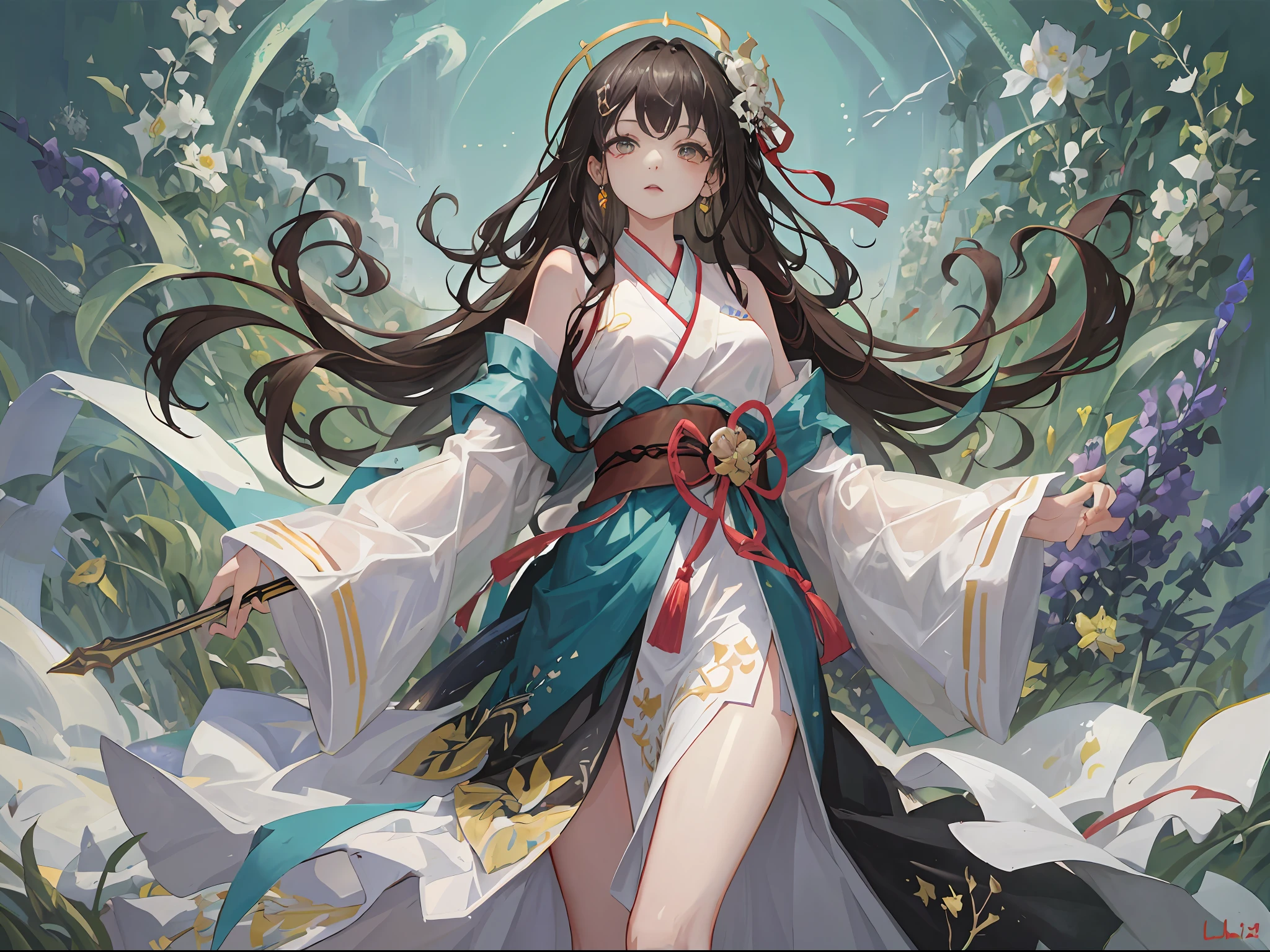 Dark green hanfu，A woman who is，White skin of the，flower  sea，lilie，Dark background，evening light，Hairpins，Yupei，Hanfu，exquisite face, hair adornments,  rosy lips, a skirt, obi strip, jewelry,long whitr hair, 耳Nipple Ring, ,Strands of hair，brunette color hair，Perfect body proportion,slender leg，Lots of black greatswords，grassy fields，Stand up，female emperor，God Ring，light glow