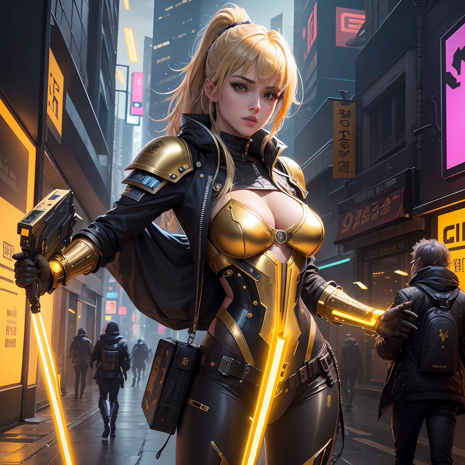 Lucy's Cyberpunk edge runners como, wearing the golden armor of Leo of the knights of the zodiac,Erectile beauty, seios grandes, corpo inteiro, dinamic poses, fundo amarelo, Cartaz cyberpunk, Technological weapon, papel de parede 8k, melhor qualidade, Tranding Tampos Pintreste. --auto