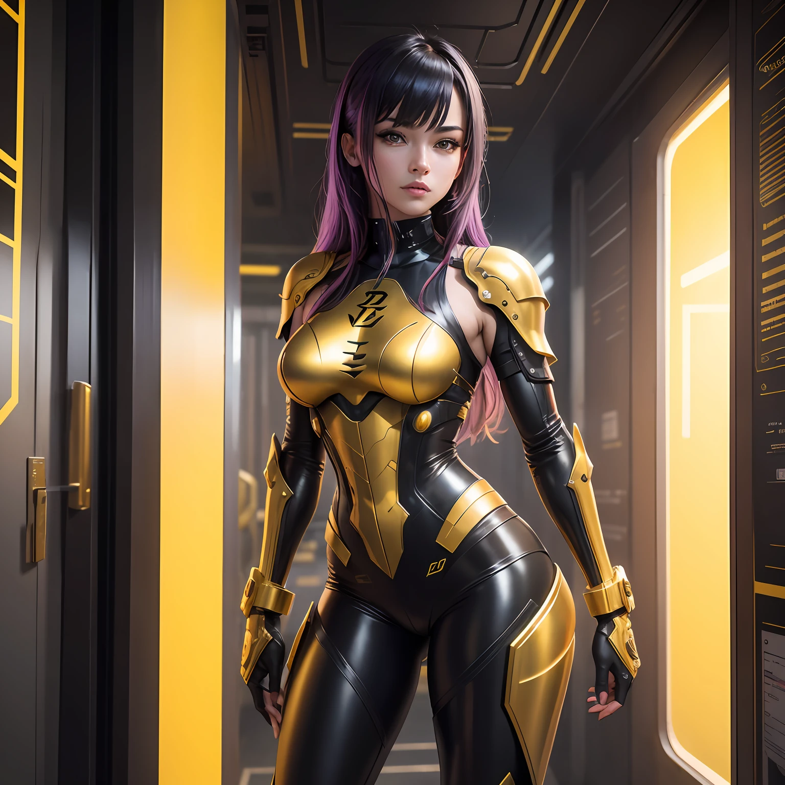 Lucy's Cyberpunk edge runners como, wearing the golden armor of Leo of the knights of the zodiac,Erectile beauty, seios grandes, corpo inteiro, dinamic poses, fundo amarelo, Cartaz cyberpunk, Technological weapon, papel de parede 8k, melhor qualidade, Tranding Tampos Pintreste. --auto