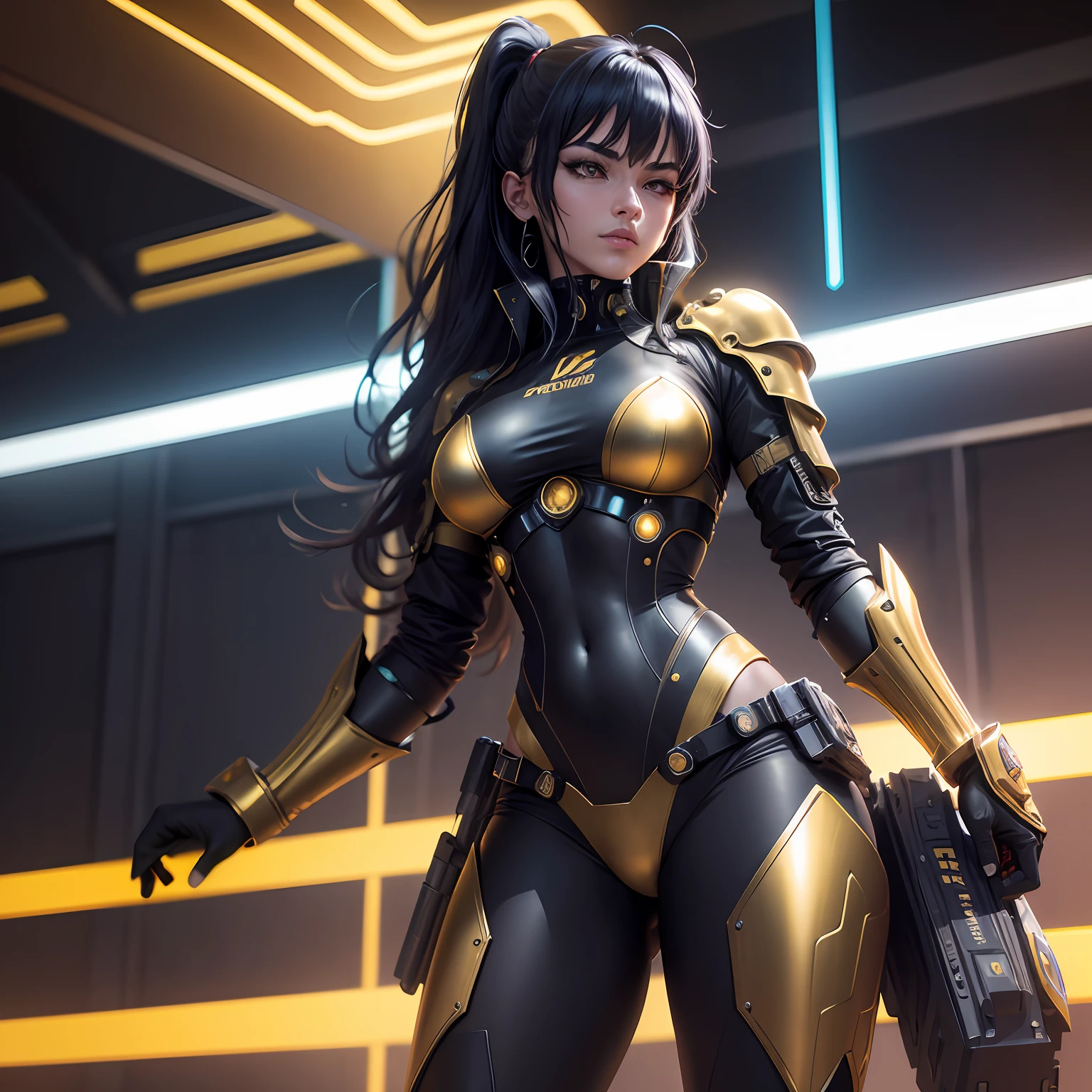 Lucy's Cyberpunk edge runners como, wearing the golden armor of Leo of the knights of the zodiac,Erectile beauty, seios grandes, corpo inteiro, dinamic poses, fundo amarelo, Cartaz cyberpunk, Technological weapon, papel de parede 8k, melhor qualidade, Tranding Tampos Pintreste. --auto