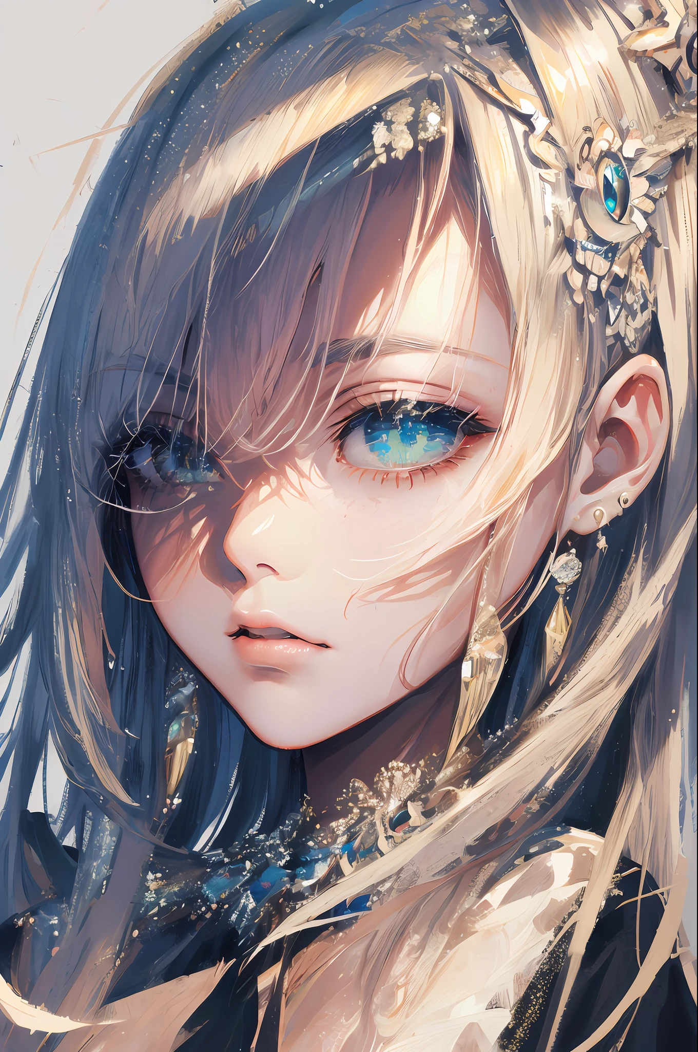 ((masterpiece, best quality, ultra-detailed, high-resolution)), solo, beautiful girl, gleaming eye, perfect eye, , black white gold theme,