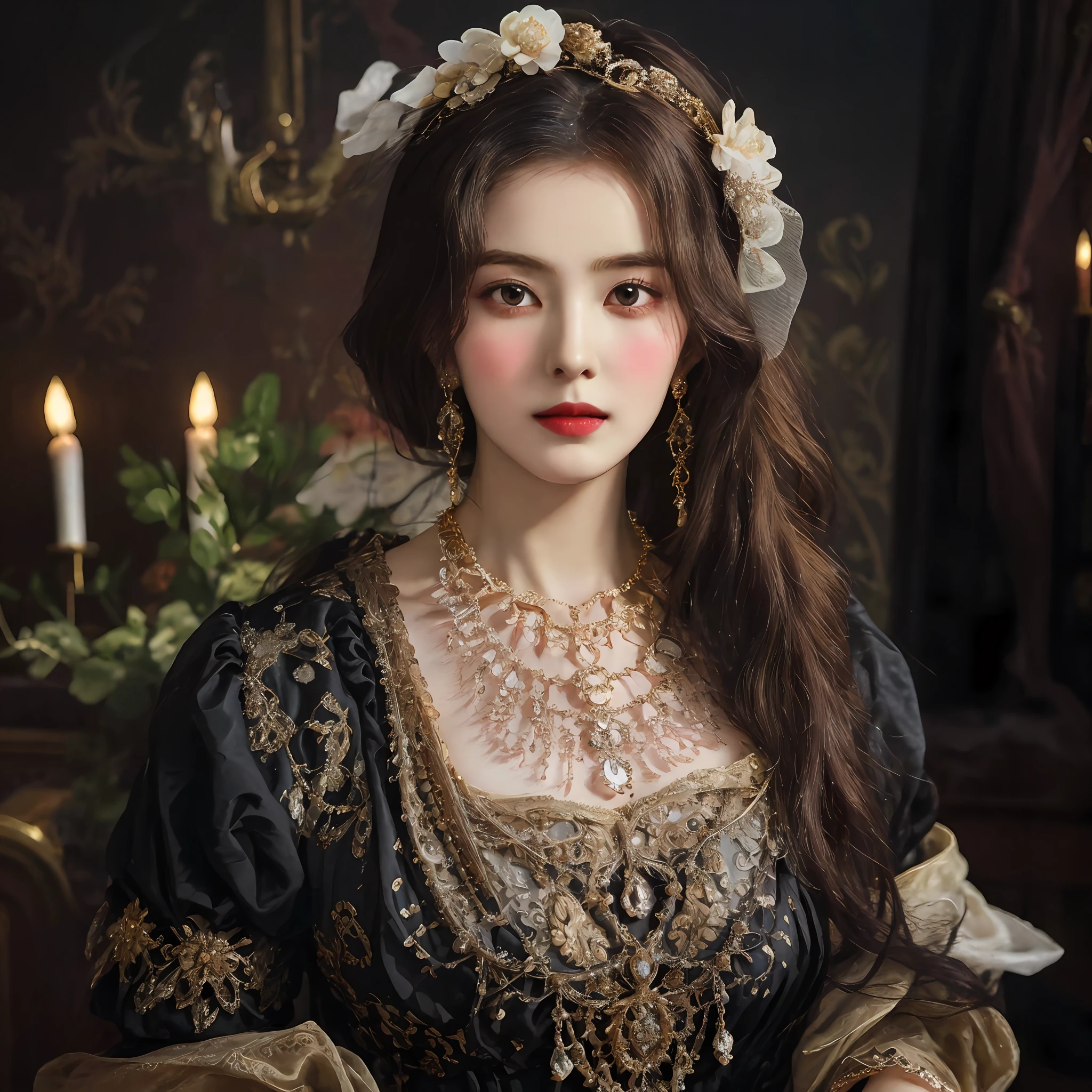 arafed woman in a black dress with a gold and white necklace, wearing an ornate outfit, in a high renaissance style, gorgeous woman, a beautiful victorian woman, renaissance style, exquisite aristocratic, in a renaissance style, portrait shot, baroque hair, traditional beauty, wearing elegant tudor clothes, elegant lady with alabaster skin, elegant portrait, photo of a beautiful woman