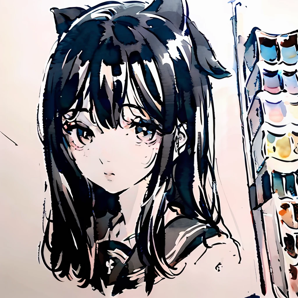 {{ink and watercolor painting}},girl, ultra-detailliert, monochromes,student clothes,Beautiful face,face perfect,hi-school girl