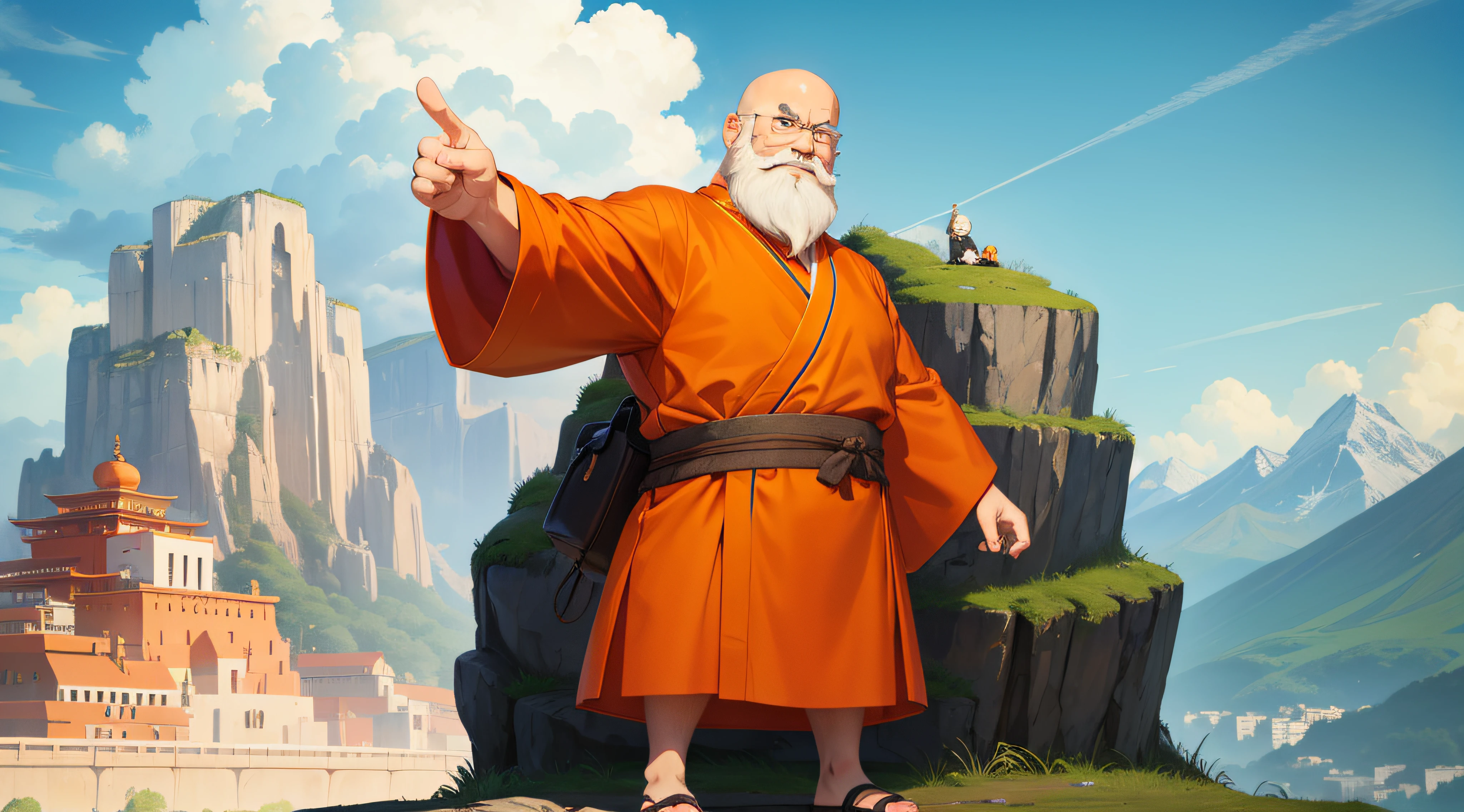 Wise monk full body, elderly, bald, of ((long white beard)), zen, friendly face. Wearing orange clothes. Pointing a finger at a very tall mountain in the background. 2D, anime style, studios ghibli style