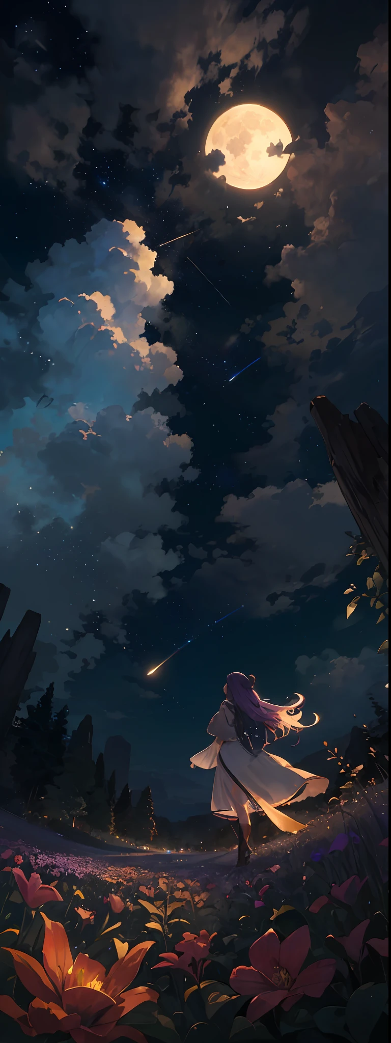 A wide landscape photo, (viewed from below, the sky is above, and the open field is below), a girl standing on a flower field looking up, (full moon: 1.2), (meteor: 0.9), (nebula: 1.3), distant mountains , Trees BREAK Crafting Art, (Warm Light: 1.2), (Firefly: 1.2), Lights, Lots of Purple and Orange, Intricate Details, Volumetric Lighting BREAK (Masterpiece: 1.2), (Best Quality), 4k, Ultra Detailed, (Dynamic Composition: 1.4), Rich in Detail and Color, (Rainbow Color: 1.2), (Glow, Atmospheric Lighting), Dreamy, Magical, (Solo: 1.2)