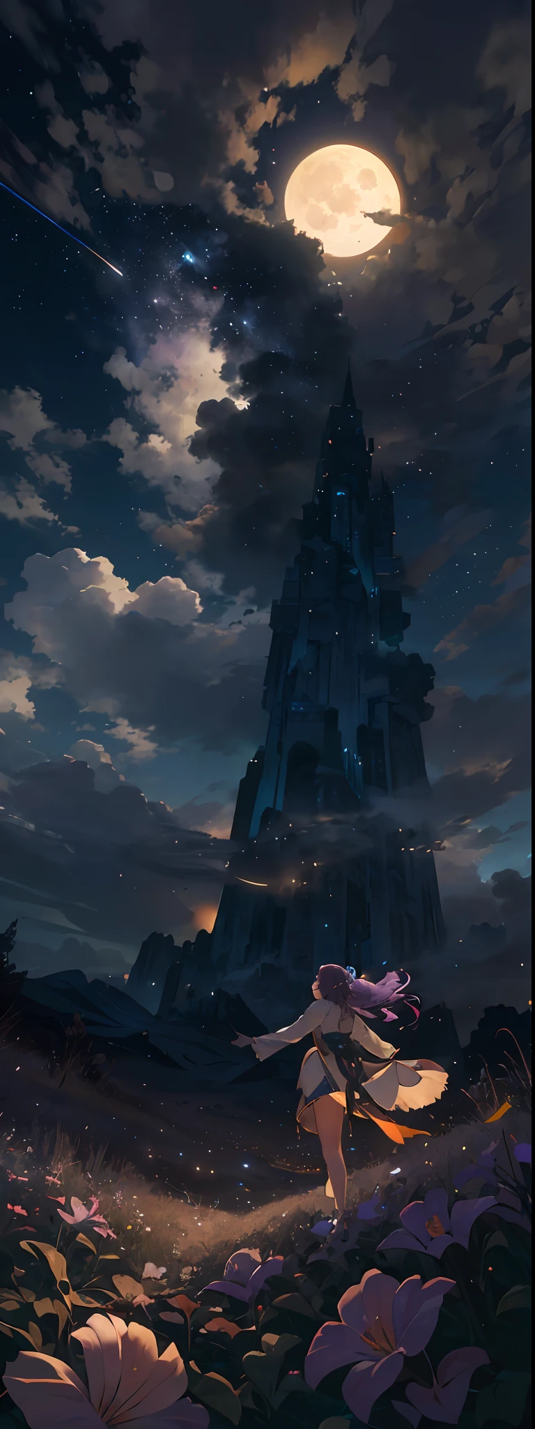A wide landscape photo, (viewed from below, the sky is above, and the open field is below), a girl standing on a flower field looking up, (full moon: 1.2), (meteor: 0.9), (nebula: 1.3), distant mountains , Trees BREAK Crafting Art, (Warm Light: 1.2), (Firefly: 1.2), Lights, Lots of Purple and Orange, Intricate Details, Volumetric Lighting BREAK (Masterpiece: 1.2), (Best Quality), 4k, Ultra Detailed, (Dynamic Composition: 1.4), Rich in Detail and Color, (Rainbow Color: 1.2), (Glow, Atmospheric Lighting), Dreamy, Magical, (Solo: 1.2)