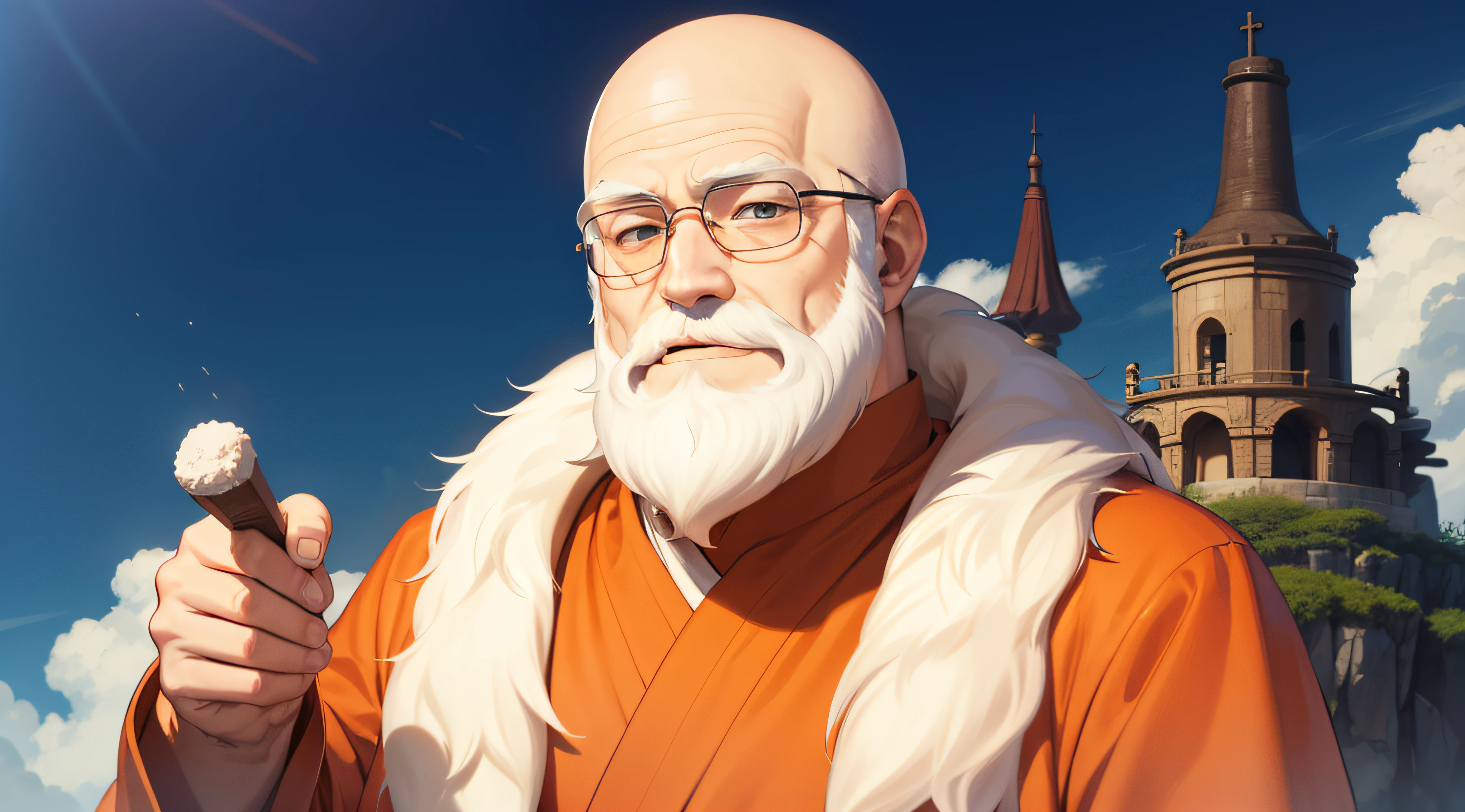 Wise monk, old man, bald, from ((long white beard)), zen, friendly face. Wearing orange clothes. On top of a mountain pointing upwards. 2D, anime style, studios ghibli style