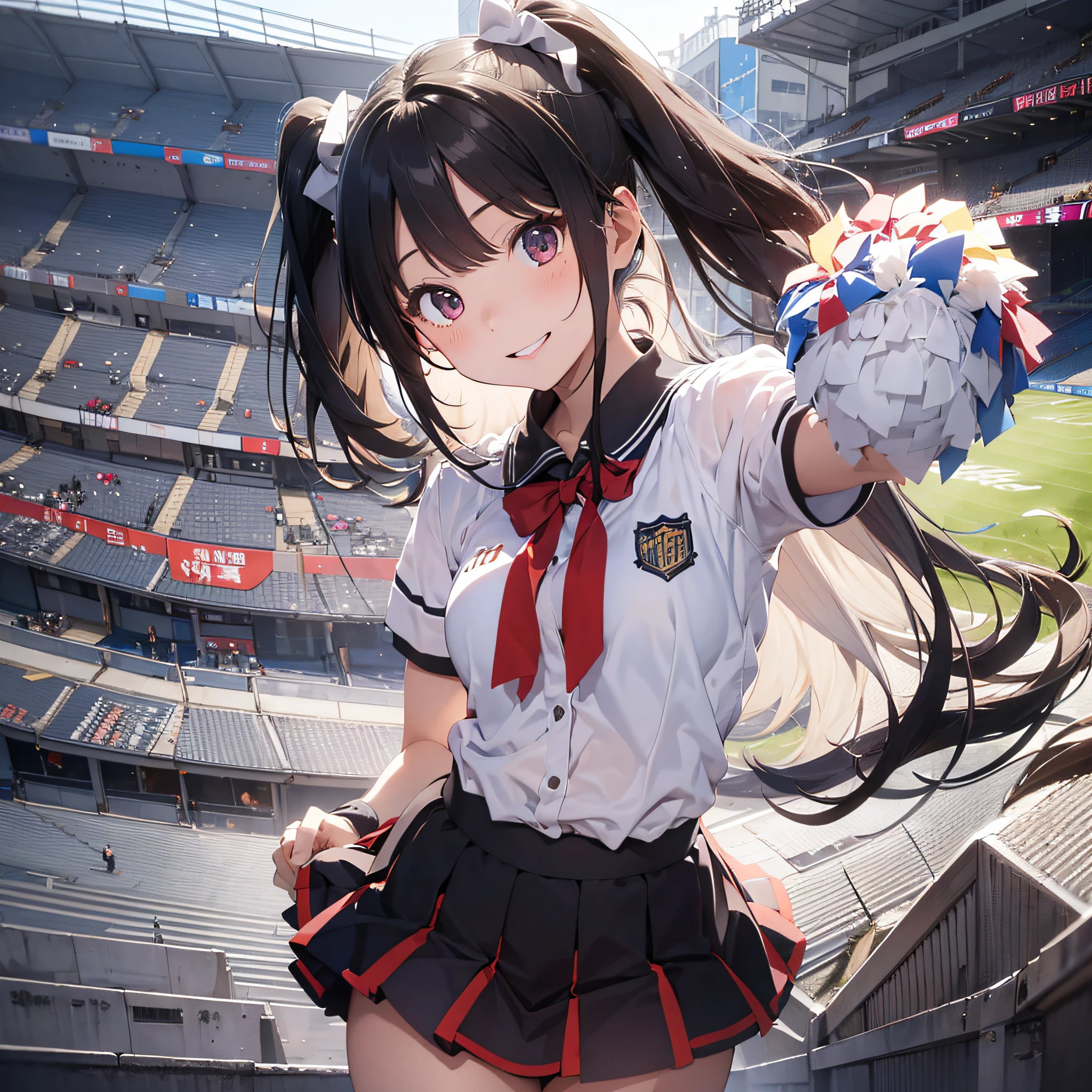 2guys、Ala Fed Asian cheerleader posing dynamically with large pom-poms in both hands in stadium、write、a closeup、cosplay foto、Anime Cosplay、tiny chest、Raw photography, top-quality, hight resolution, (masterpiece), (Photorealsitic:1.4), professional photograpy, foco nítido, nffsw, 8K分辨率, intricate detailes, depth of fields, the Extremely Detailed CG Unity 8K Wallpapers, front lit, girl with, beautiful supermodel, A smile、A slender、Mary Rose、Twin tail hair、Korean style uniform、Peeking from below、(skinny thigh)、White underwear is visible
