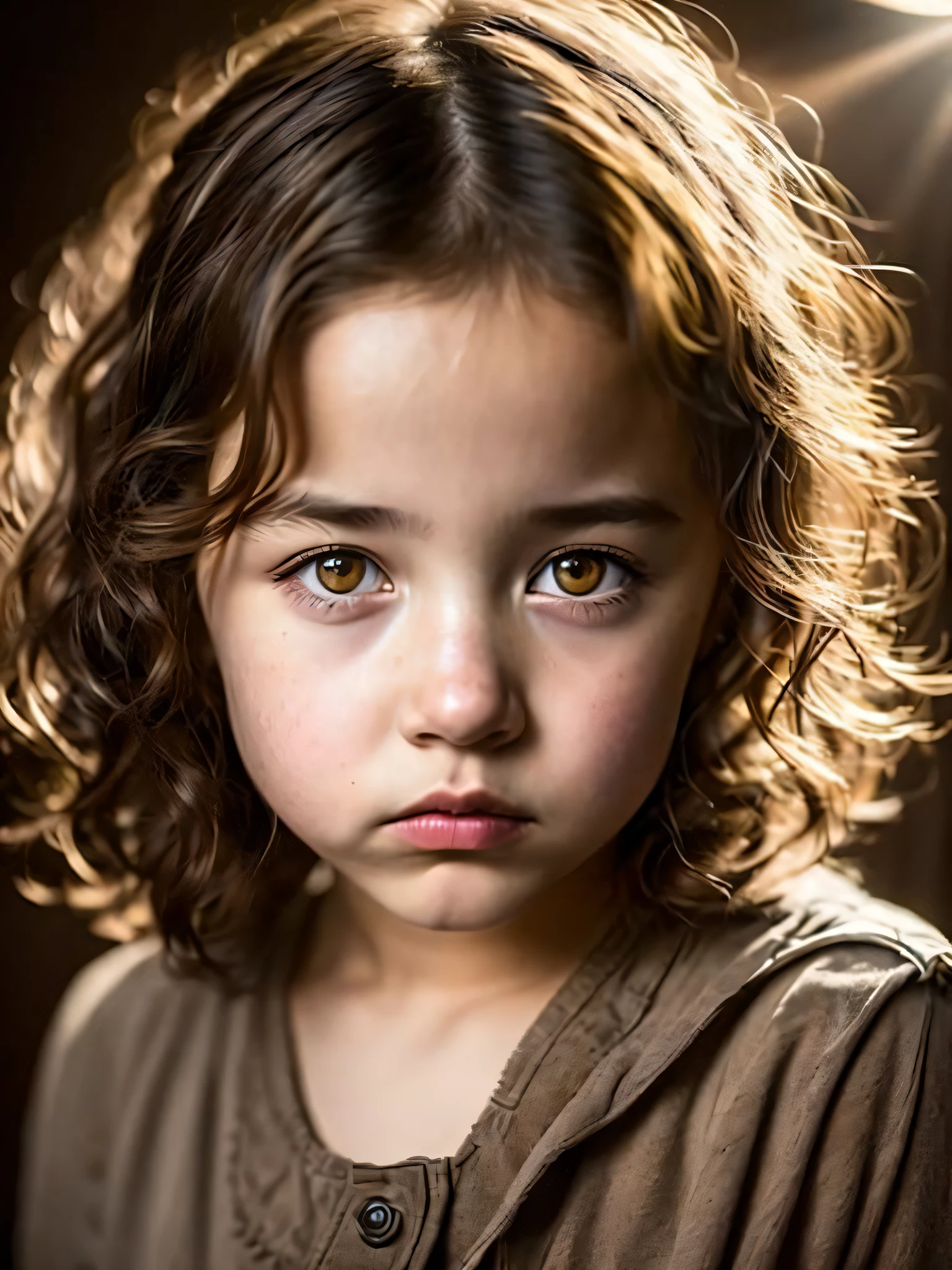 close up war photo of a  and homeless girl ((dressing an old torn clothes)), (shy), 1girl, solo, brown and curly and messy hair, very detailed face, beautiful eyes, [chubby], adorable, with rosy cheeks and bright, sad eyes, stunningly beautiful, (Rembrandt Lighting), zeiss lens, ultra realistic, (high detailed skin:1.2), 8k uhd, dslr, Dramatic Rim light, high quality, Fujifilm XT3,