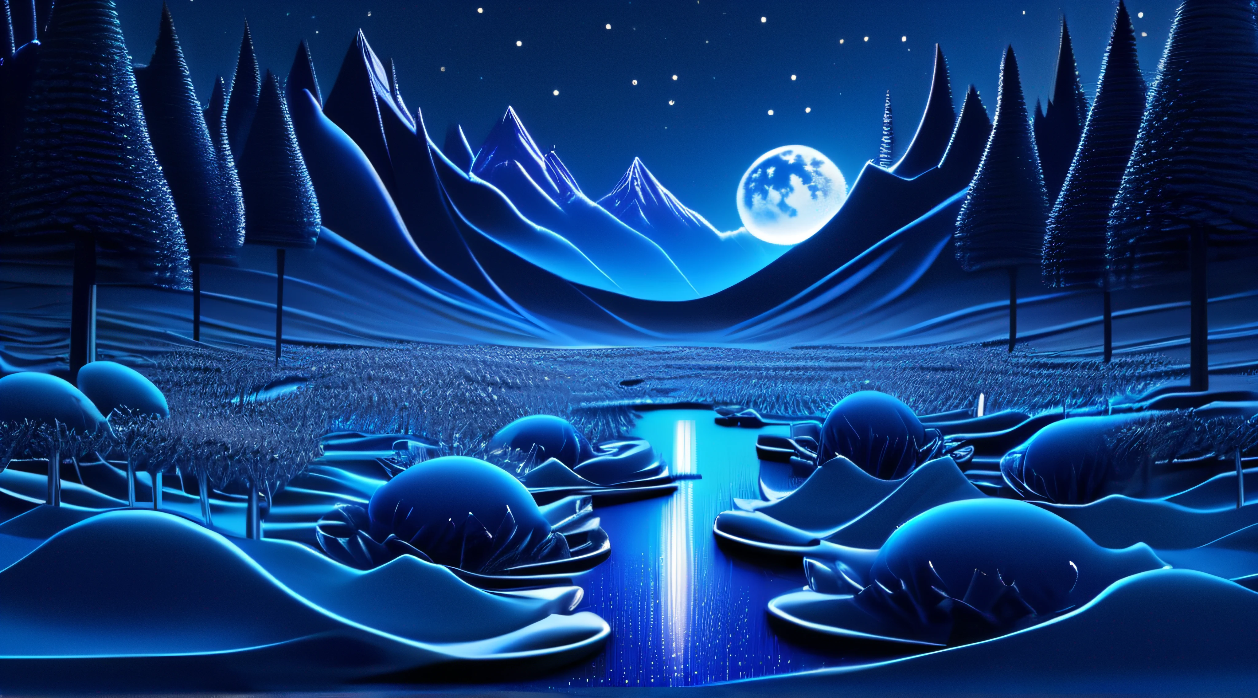 This is a surreal complex CG rendering. At night, the dark blue sky is twinkling with stars, crescent water, moonlight, starlight, trees, the shining Milky Way, art, high-definition, starry sky, glaciers, many huge blue rose glaciers, surreal blue roses, as well as many small and colorful luminous particles, dreams, high-definition complex details, beauty, 4K, aurora, octane light and shadows, complex details, ultra wide angle, and panoramic photography. Virtual engine, volume light, reflected light, light effect. Three dimensional. 16 kHz