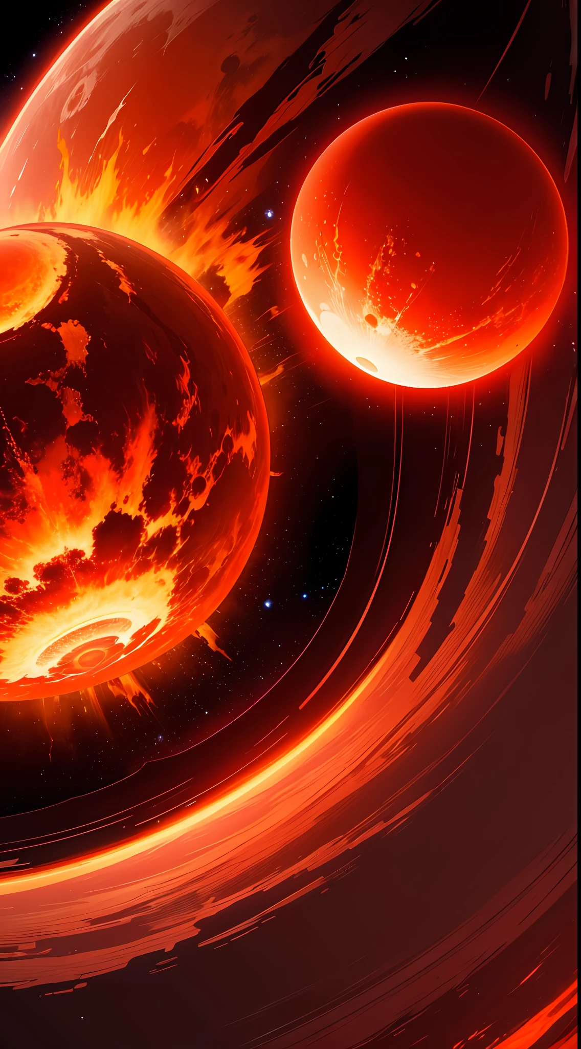 A scene of a planet burning in a red giant。In this scenario,The planet is surrounded by protrusions from red giants,Burning flames。The background of the whole scene is space,It gives a cosmic feeling。The style of this scene is space style,It may be necessary to use deep colors and mysterious atmospheres to present。On the technical side,Imagery elements of red giants are required --auto