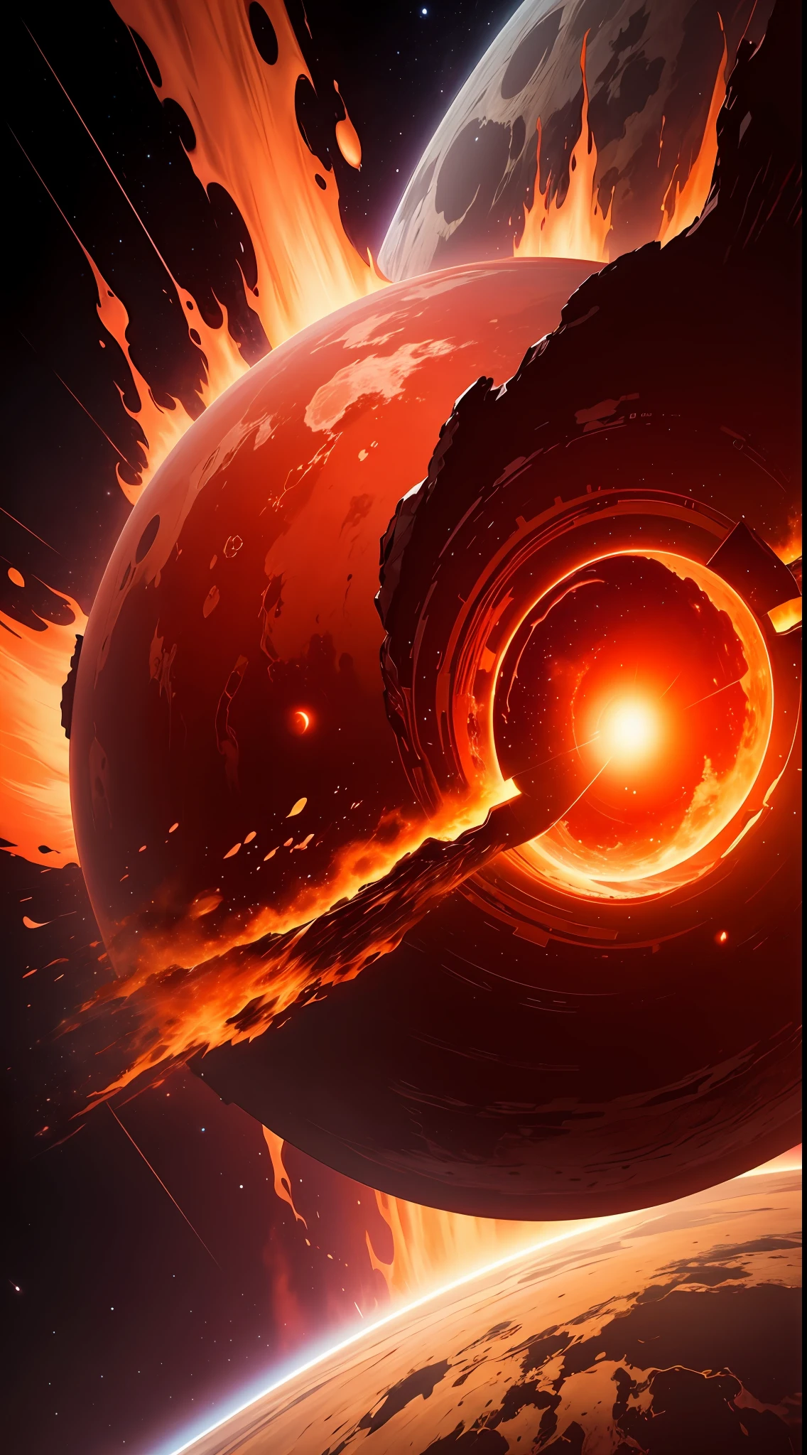 A scene of a planet burning in a red giant。In this scenario,The planet is surrounded by protrusions from red giants,Burning flames。The background of the whole scene is space,It gives a cosmic feeling。The style of this scene is space style,It may be necessary to use deep colors and mysterious atmospheres to present。On the technical side,Imagery elements of red giants are required --auto