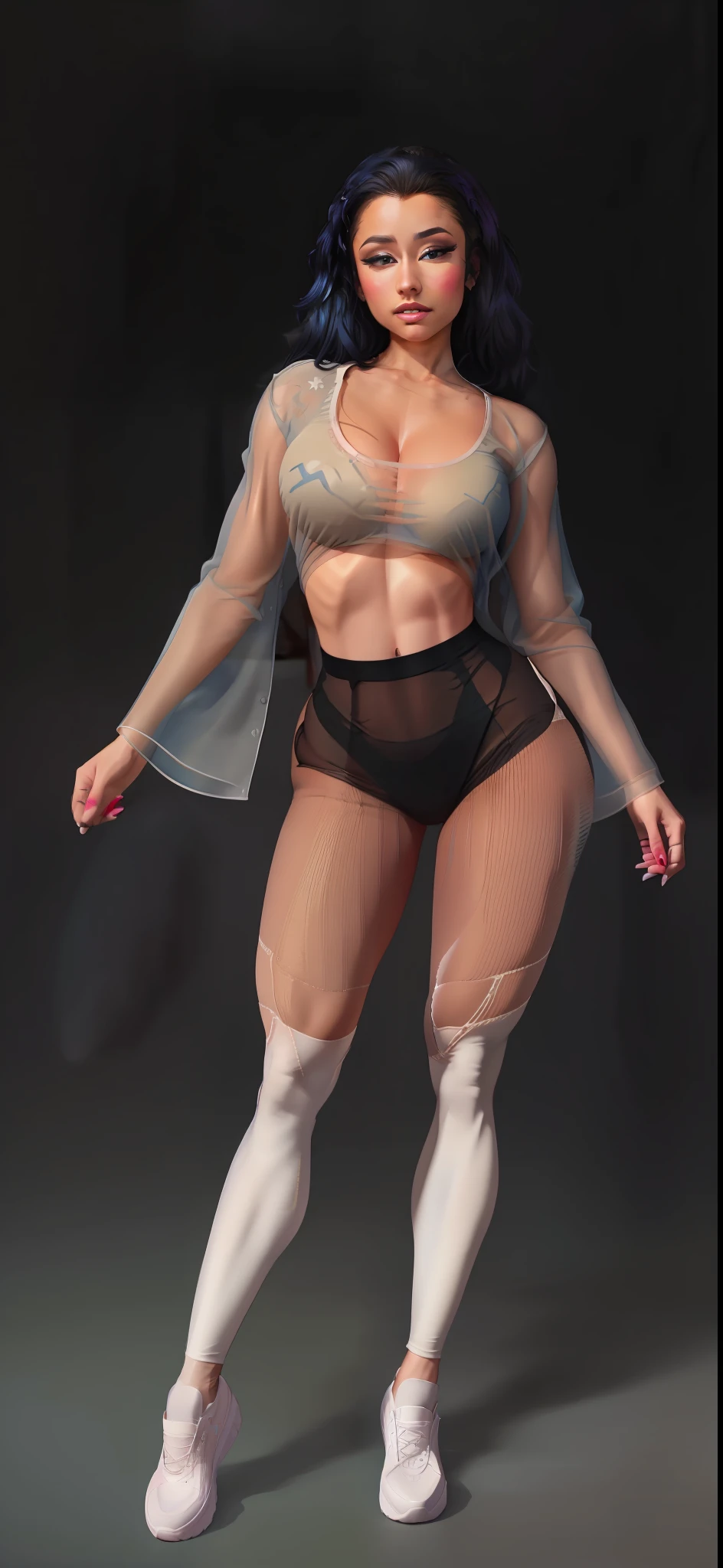 "An ultra-detailed 8k masterpiece best quality and high saturation. The image features a clothing illustration with a stunning thick european girl wearing a tight sheer leggings outfit, including tight open shirt, F cup, white sneakers, and a blue background."