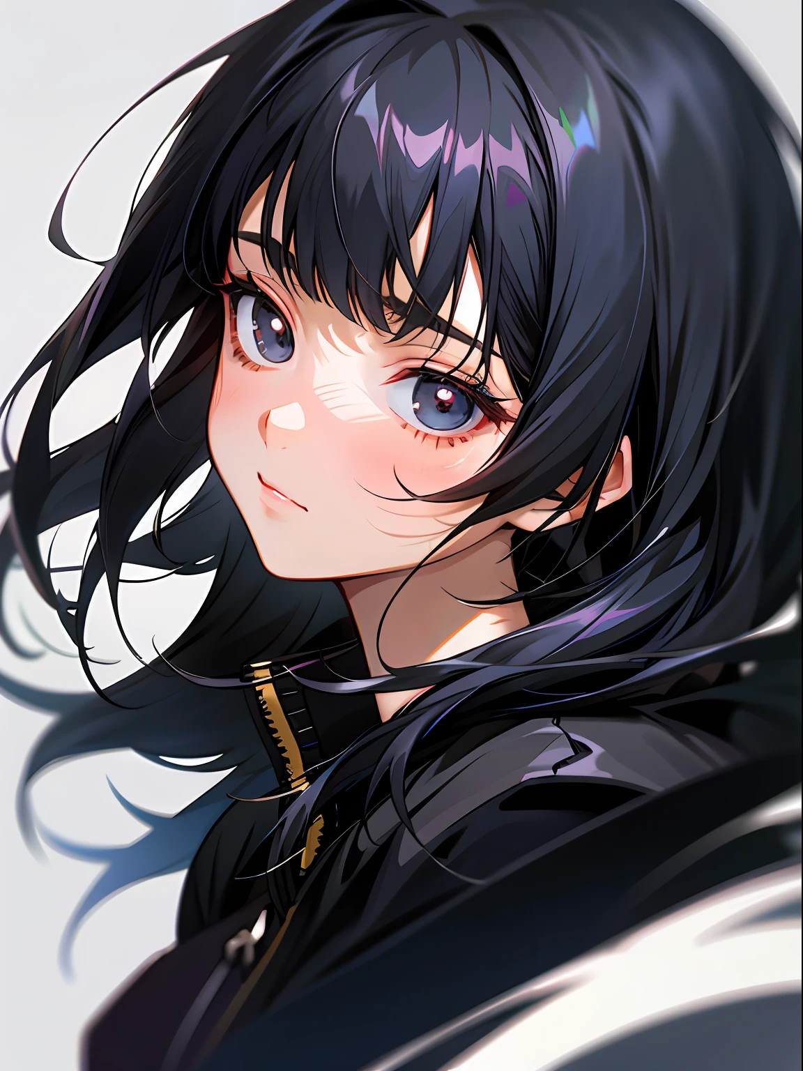 Anime, Anime girl, Black hair, Black eyes, Black jacket, Black hair, Black eyes, Black hair, Black hair, Black hair, Black hair,, Detailed anime soft face, semirealistic anime style, Guviz-style artwork, semi realistic anime, a beautiful anime portrait, anime girl profile, Detailed anime face, in an anime style