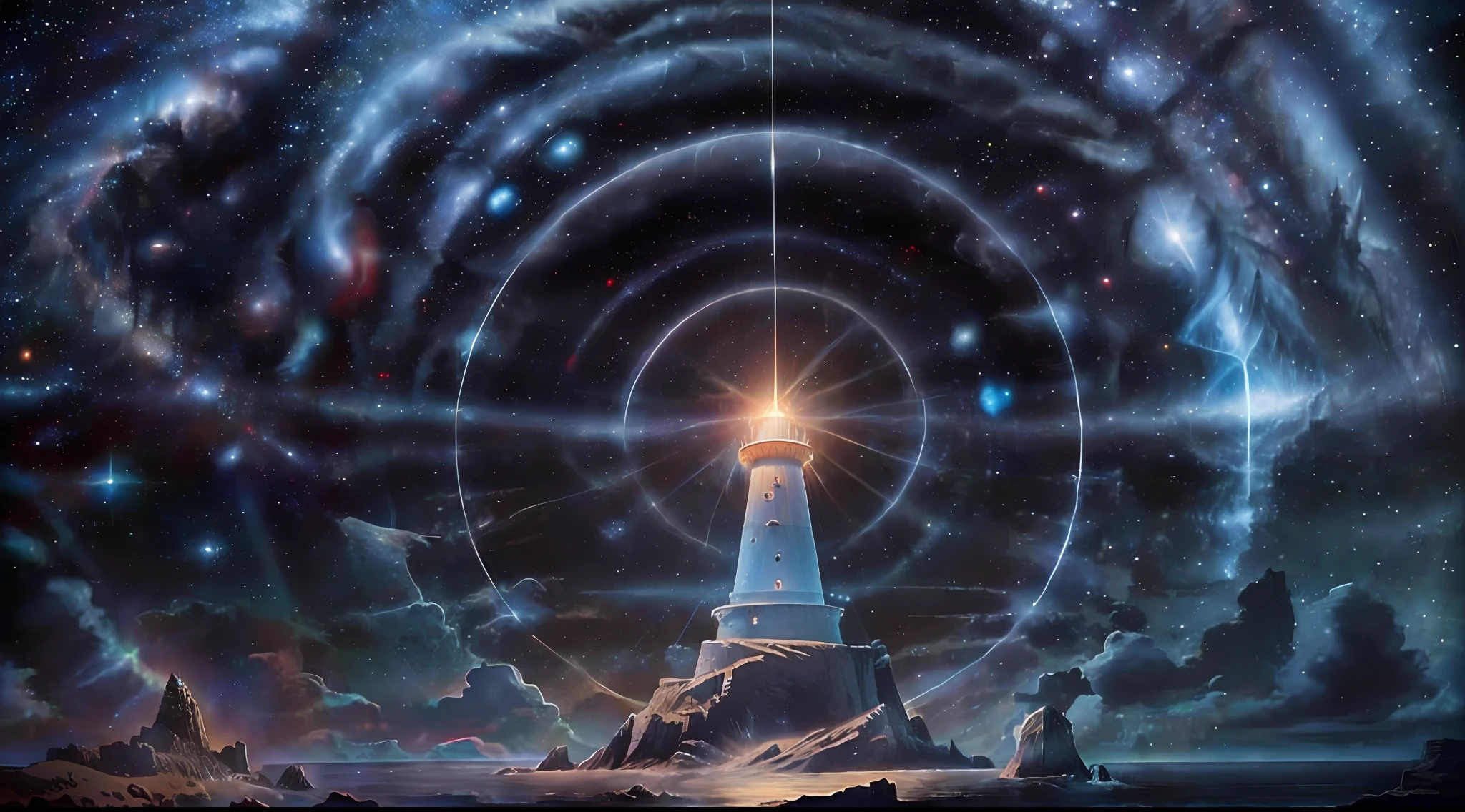 The Lighthouse of Hope: A symbolic image of a bright lighthouse in the middle of a stellar storm, representing the Great Architect as a guide for those who are lost.