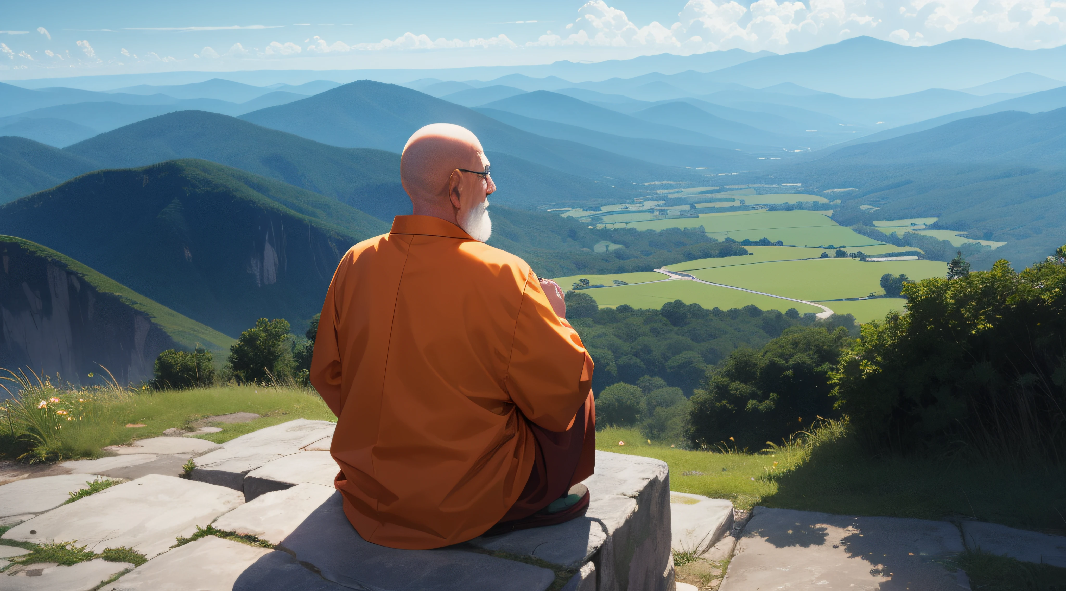 Wise monk, old man, bald, with a big white beard, zen, friendly. Wearing orange clothes. On top of a mountain meditating, observing the entire landscape around you. 2D, anime style, studios ghibli style