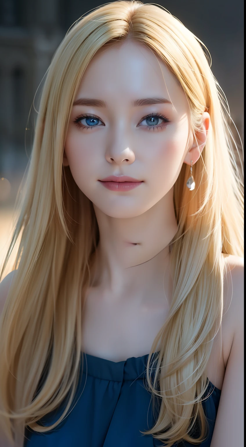 light smile, night, RAW photo, (((portrait of extreme beauty))), (radiant skin)), 1 girl, beautiful girl in Prague, 11 years old, ((natural bright blonde hair)), [blue eyes], shiny glossy skin, silky long straight hair, eyeliner, long bangs, hair between eyes, fluttering hair, ((masterpiece, top quality, ultra detail, film light, complex details, High Resolution, 8K, Very Detailed)), Detailed Background, 8K UHD, DSLR, Soft Light, High Quality, Film Grain, Fujifilm XT3, Shallow Depth of Field, Natural Light, (No Hand), Upper Eye, Sap Eyes,