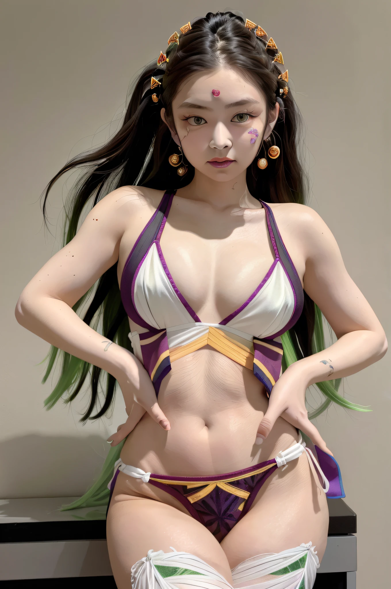 masterpiece, best quality, DakiV4, 1girl, solo, white skin, long hair, breasts, looking at viewer, smile, hair ornament, thighhighs, cleavage, very long hair, underwear, panties, white hair, multicolored hair, green hair, makeup, fingernails, hands on hips, gradient hair, facial mark