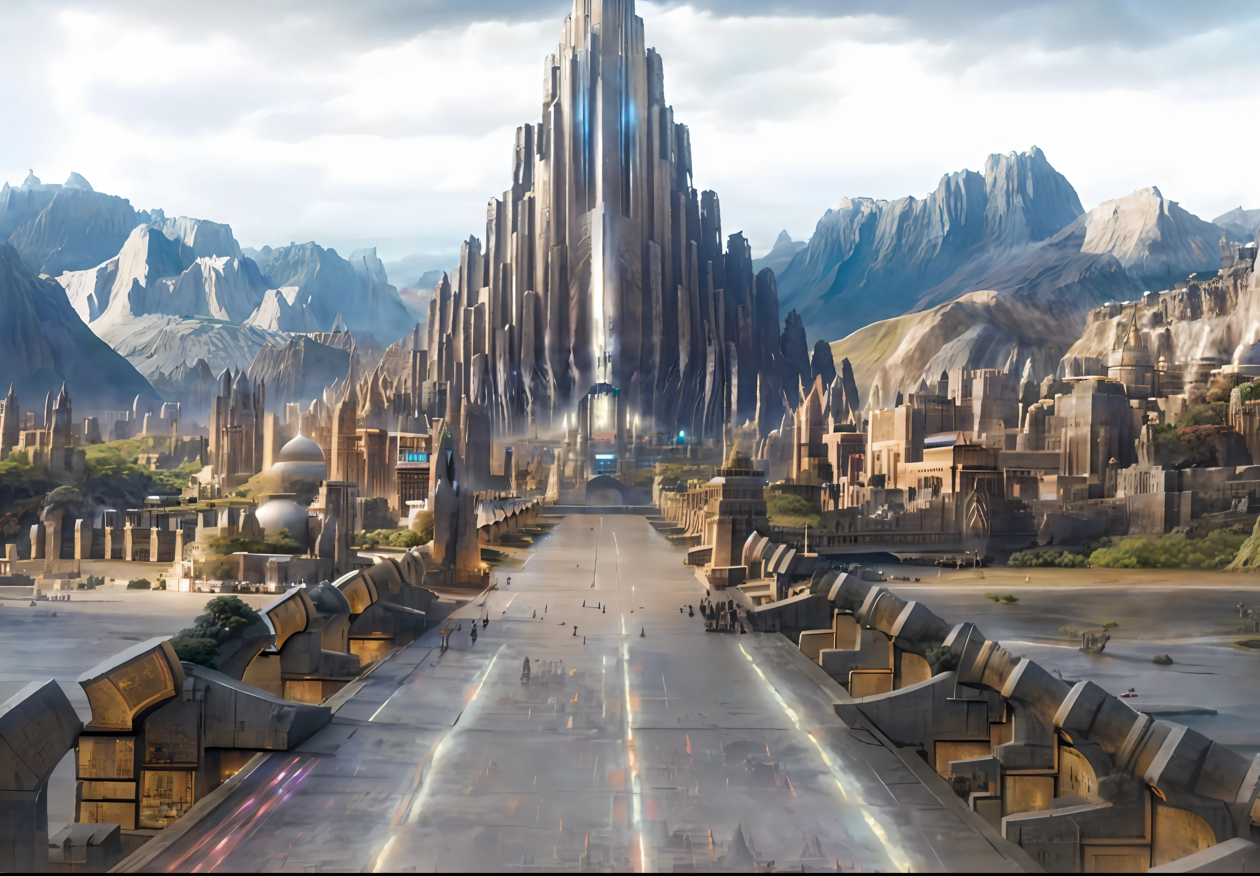 arafed bridge leading to a city with a mountain in the background, huge futuristic temple city, big and structured valhalla city, wakanda background, elaborate matte painting, 4 k matte painting, minas tirith, film still from 'thor', epic matte painting, exterior of scifi temple, 8k matte painting, 8 k matte painting