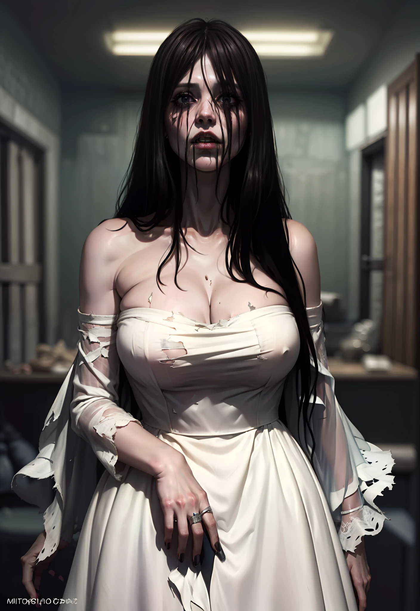 Realistic Japan horror movie taste images, masutepiece, (Best Quality), (absurdness quality), High resolution, 32K, (Photorealistic:1.4), Black hair, {{{Ultra-realistic photos of Sadako}}}, (((torn, Strapless, White Dress))), {{{Long hair above the eyes, eyes covered, The whole face hidden by long hair}}}, Spooky Ghost Woman, Messy abandoned house, TV in room, Dark atmosphere, Super huge cleavage exposed from white dress, Full body shot, whole room view, Super big spilled out of the dress,