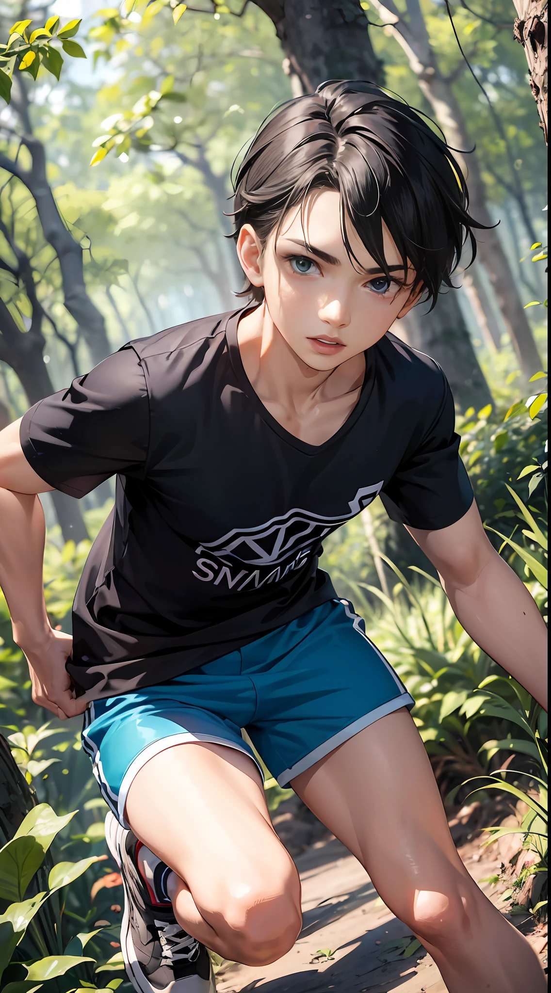 um garoto chamado John de 15 anos de idade, corpo inteiro, correndo numa floresta fugindo de um monstro desesperadamente, wearing blue shorts and plain black T-shirt without print and black sneakers, pele branca, olhos pretos, fleshy lips, cabelo preto liso curtos, small hands. Absurdo, melhor qualidade, sozinho. The image is about a 15-year-old who is running in a forest fleeing from a monster desperately wearing blue shorts, black T-shirt and black sneakers.