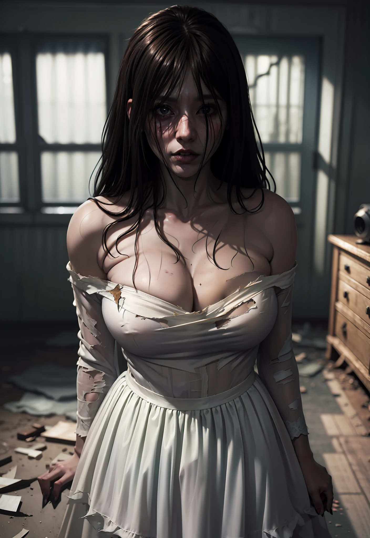 Realistic Japan horror movie taste images, masutepiece, (Best Quality), (absurdness quality), High resolution, 32K, (Photorealistic:1.4), Black hair, {{{Ultra-realistic photos of Sadako}}}, (((torn, Strapless, White Dress))), {{{Long hair above the eyes, eyes covered, The whole face hidden by long hair}}}, Spooky Ghost Woman, Messy abandoned house, TV in room, Dark atmosphere, Super huge cleavage exposed from white dress, Full body shot, whole room view, Super big spilled out of the dress,