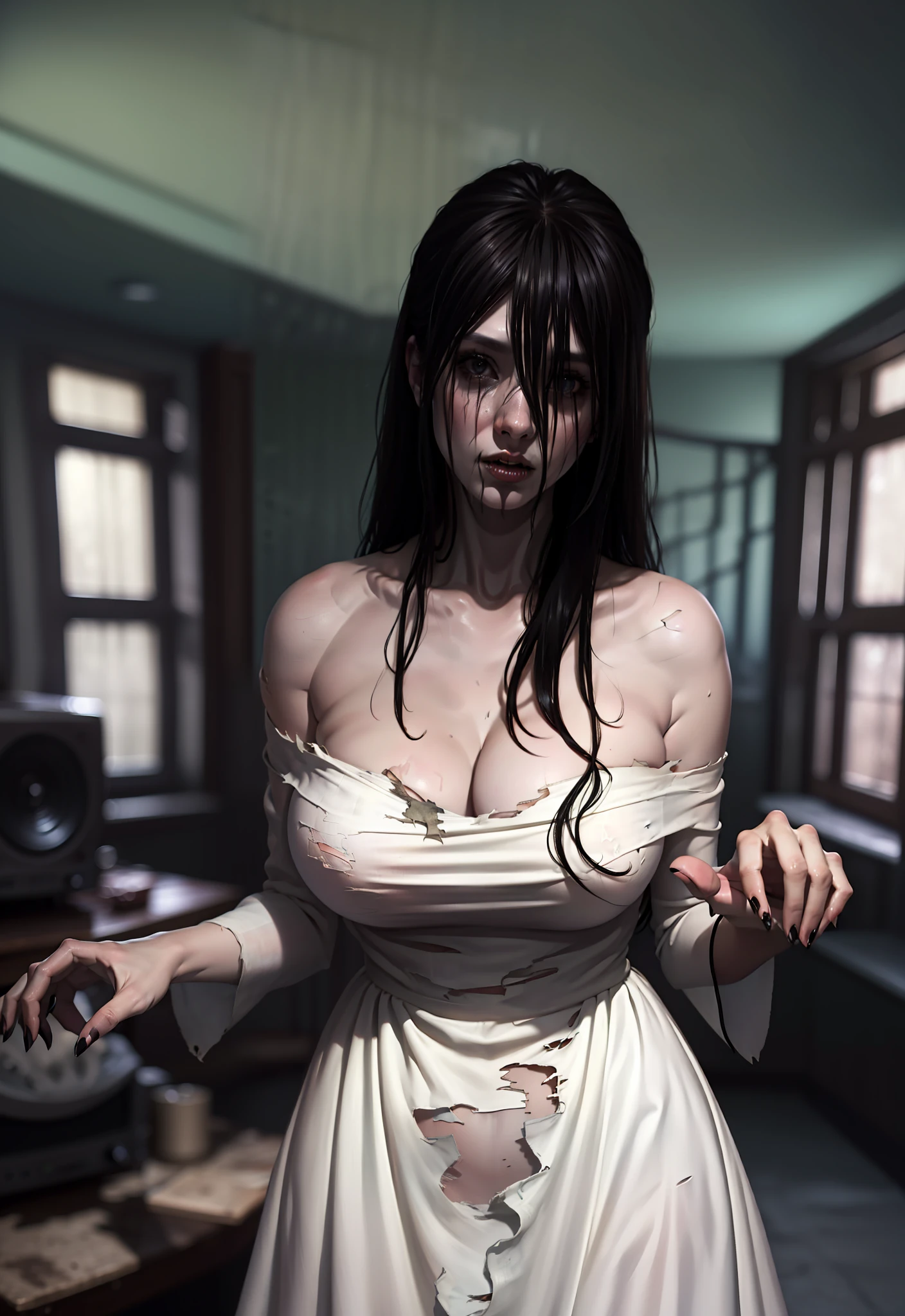 Realistic Japan horror movie taste images, masterpiece, (Best Quality), (absurdness quality), High resolution, 32K, (Photorealistic:1.4), Black hair, {{{Ultra-realistic photos of Sadako}}}, (((Strapless, torn White Dress))), {{{ultra Long bangs are hanging down, The whole face hidden by long bangs hair}}}, Spooky Ghost Woman, Messy abandoned house, TV in room, Dark atmosphere, Super huge cleavage exposed from white dress, Full body shot, whole room view, Super big spilled out of the dress,