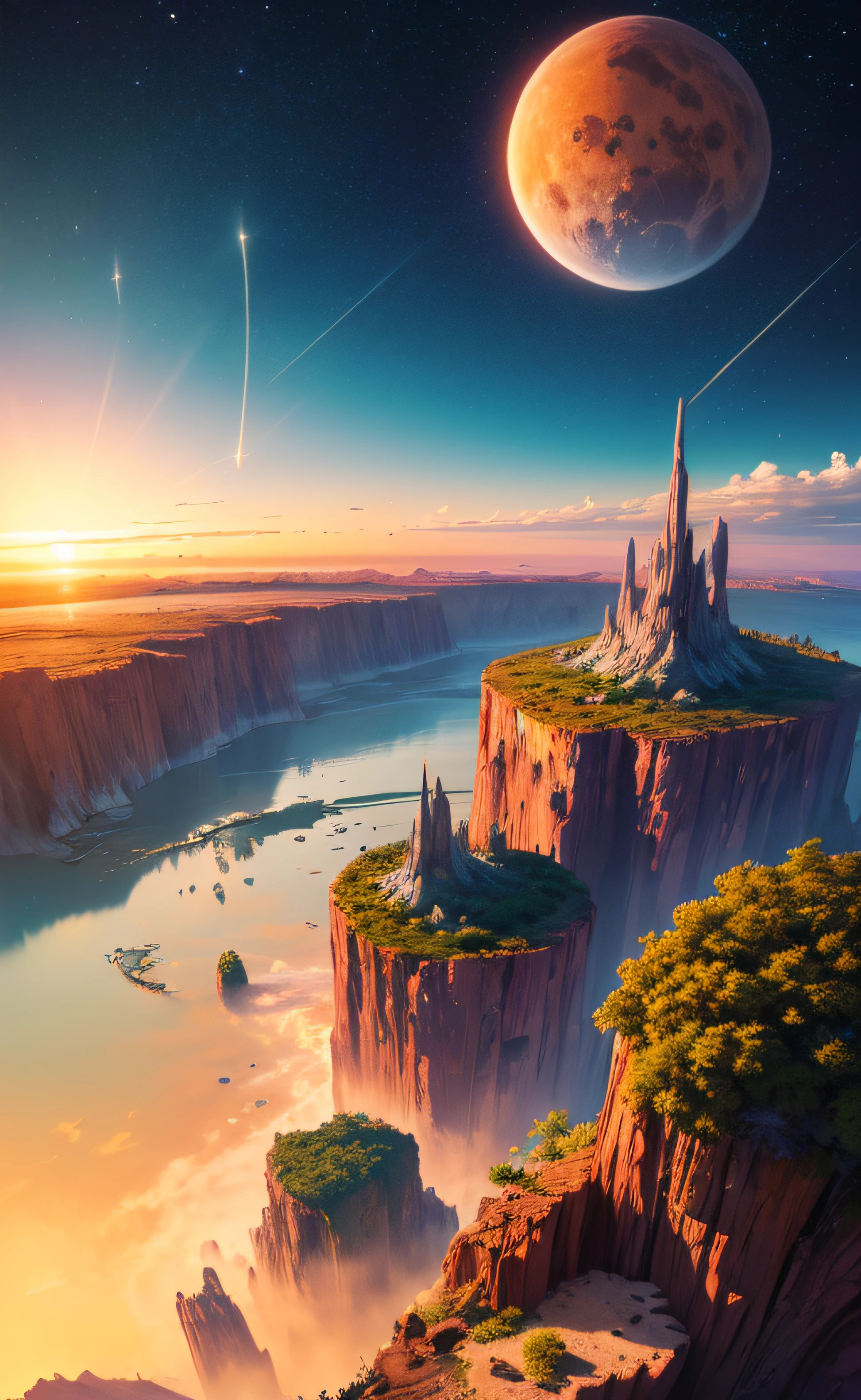fantasy world red gradient sunset, floating islands, space view comets, jungles, birds