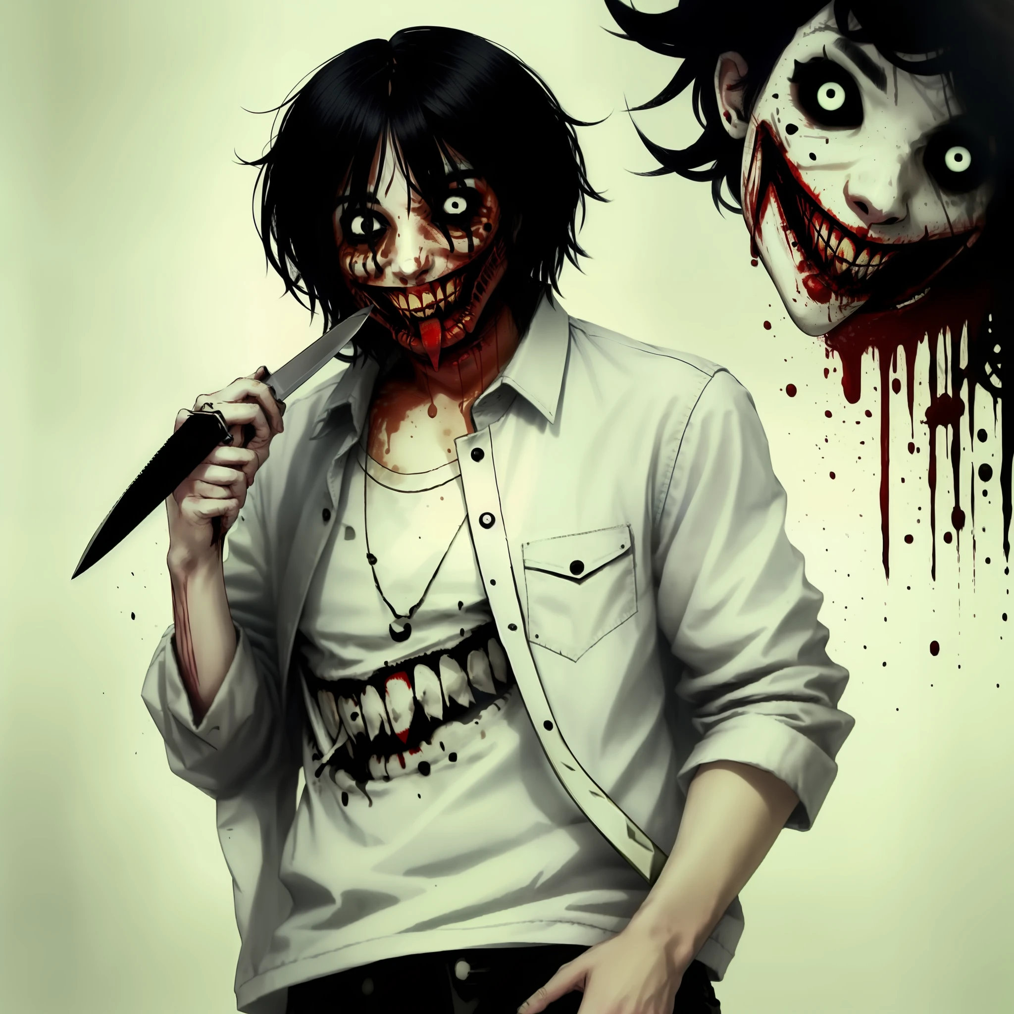 Jeff the killer, black hair, completely white skin, cut and red mouth in the shape of a smile, messy hair, white t-shirt, black pants, knife in his hand, high quality