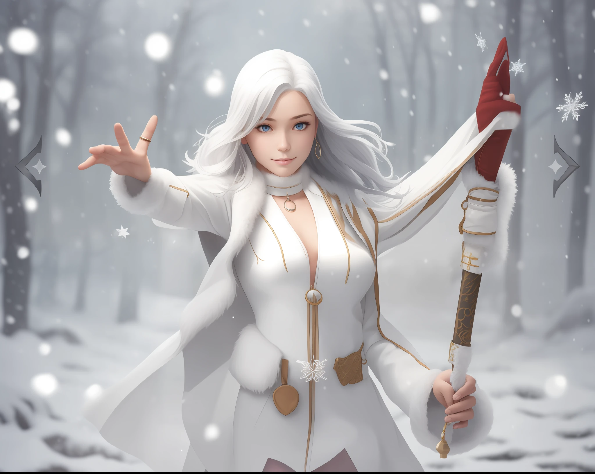 A girl , Northern Mage, Fur clothes, white clothing, Silvery long flowing hair, snowing