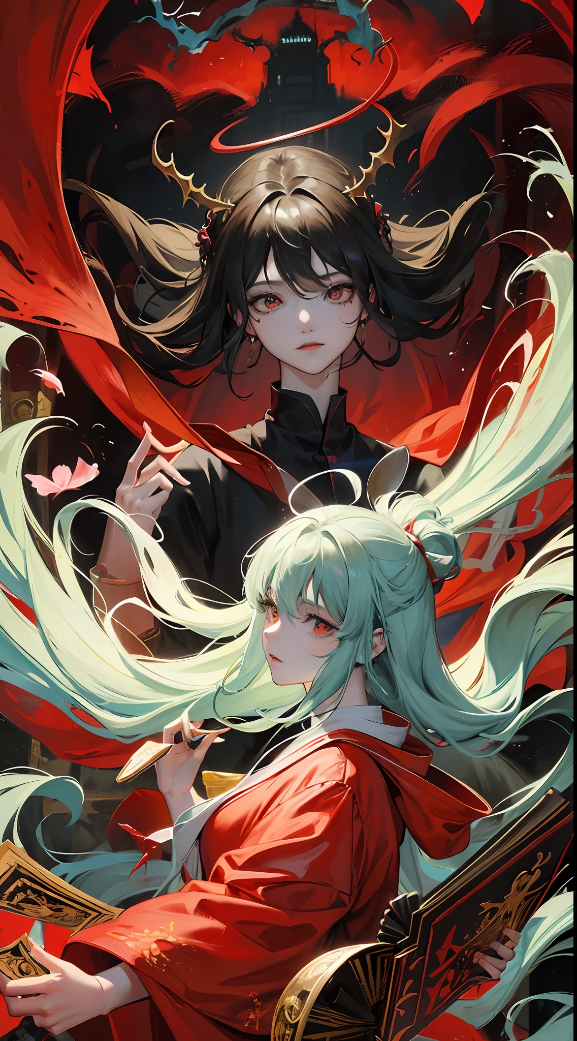 A horror illusion fantasy painting of shadow creatures。The painting was painted by the famous painter Jinji Ito。The style of painting is based on Akira-style red and black brush painting,Create unique visuals。The painting incorporates traditional Asian fantasy、Elements of folklore and necromancy,It shows a strong atmosphere of mystery。This is a high quality picture、Detailed masterpiece painting,Every detail is meticulously described。Additionally,This Prompt also mentions the Akira poster design、tarot cards、Japanese ghost stories and《Book of the Dead》and other elements,It adds more story and mystery to the picture --auto