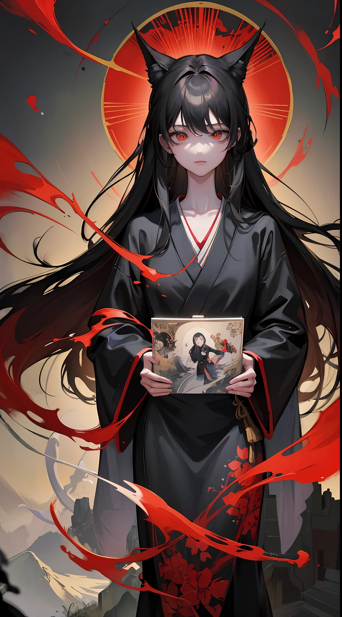 A horror illusion fantasy painting of shadow creatures。The painting was painted by the famous painter Jinji Ito。The style of painting is based on Akira-style red and black brush painting，Create unique visuals。The painting incorporates traditional Asian fantasy、Elements of folklore and necromancy，It shows a strong atmosphere of mystery。This is a high quality picture、Detailed masterpiece painting，Every detail is meticulously described。Additionally，This Prompt also mentions the Akira poster design、tarot cards、Japanese ghost stories and《Book of the Dead》and other elements，It adds more story and mystery to the picture --auto