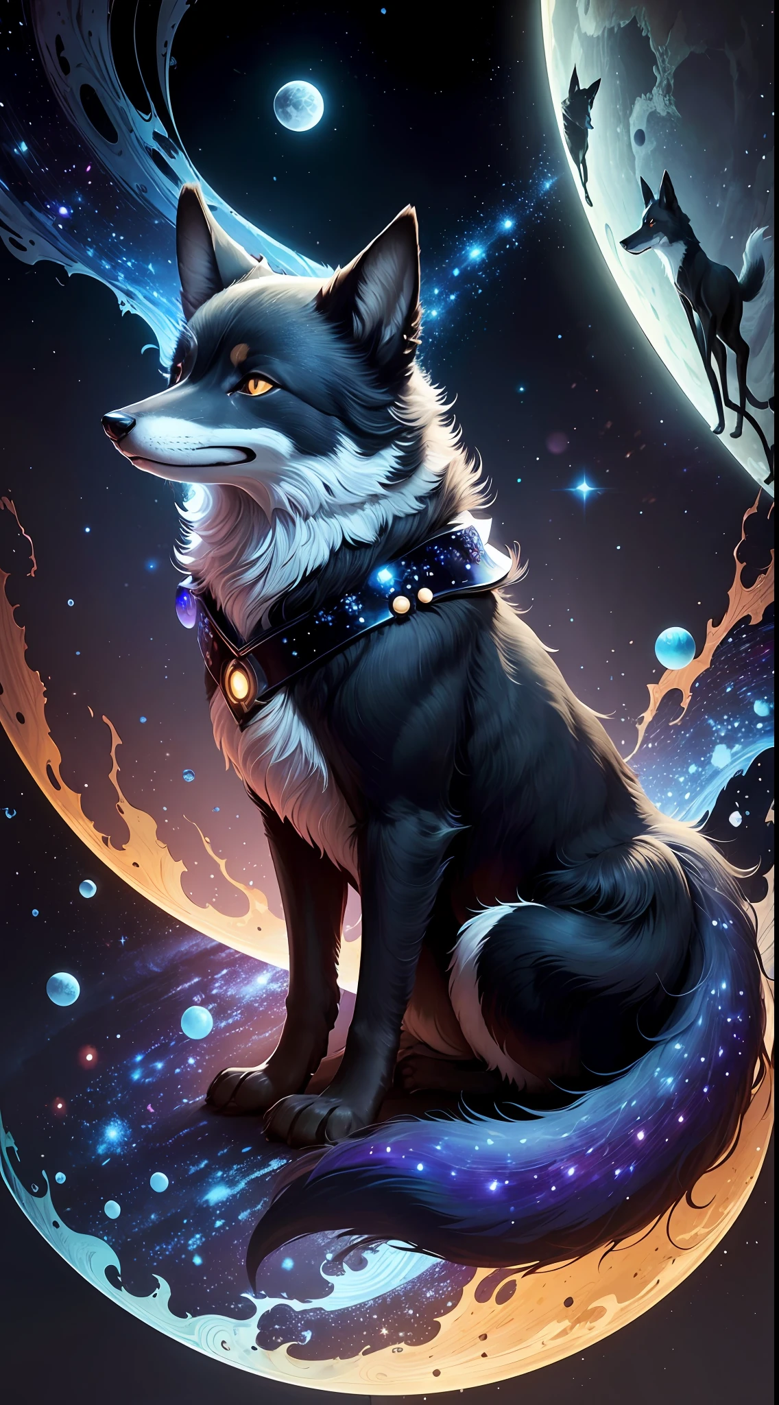 The theme is a scene of a galaxy forest，There is a black fox dog in the scene。In this galactic forest，There is a curved moon hanging high in the sky。The style of the whole scene is very complex，Adopted the style of James Jean and William Morris，Symmetry is emphasized。 --auto