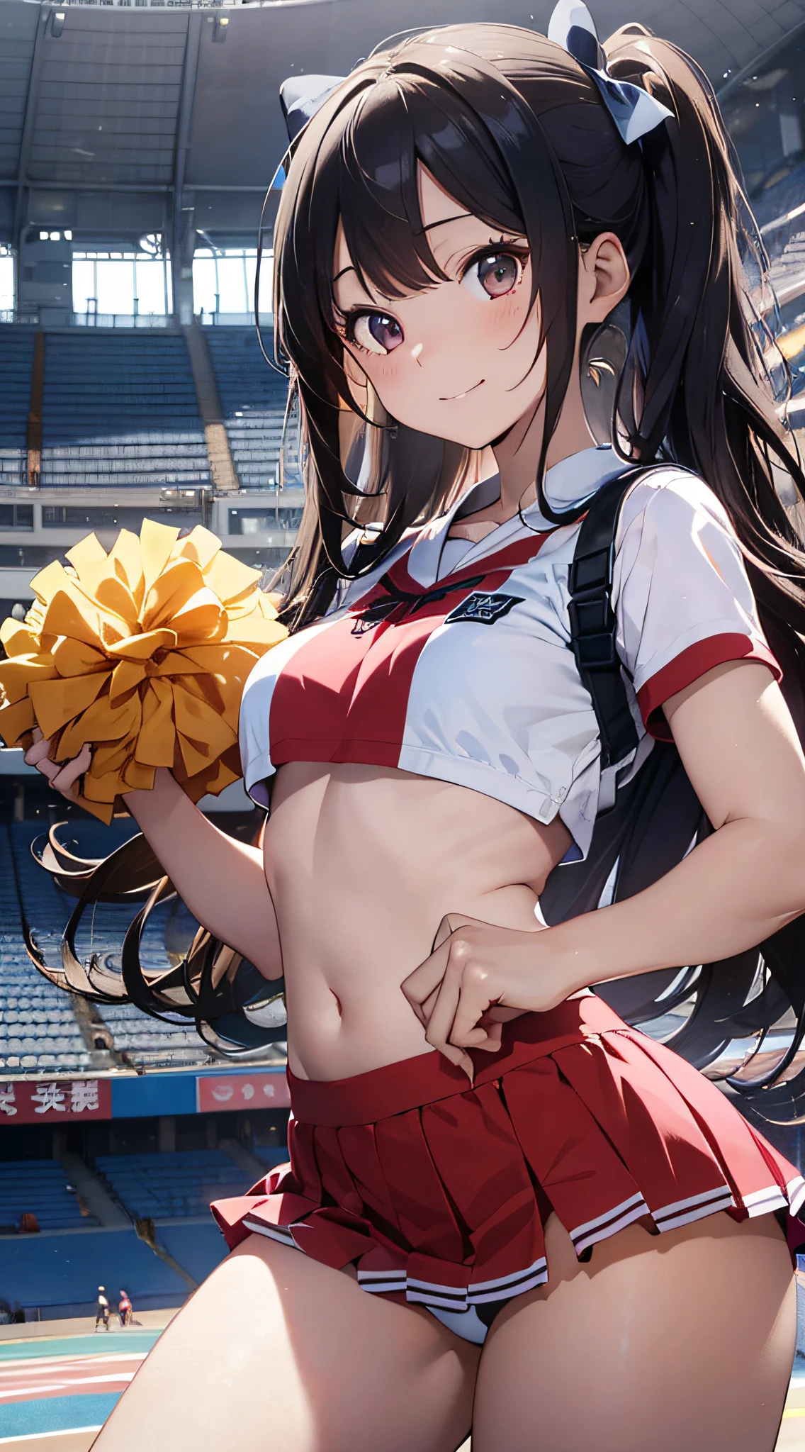 Ala Fed Asian cheerleader posing dynamically with large pom-poms in both hands in stadium、write、a closeup、cosplay foto、Anime Cosplay、tiny chest、Raw photography, top-quality, hight resolution, (​masterpiece), (Photorealsitic:1.4), professional photograpy, foco nítido, nffsw, 8K分辨率, intricate detailes, depth of fields, the Extremely Detailed CG Unity 8K Wallpapers, front lit, girl with, beautiful supermodel, A smile、A slender、Mary Rose、Twin tail hair、Dense depiction、Korean style uniform、(posterior view)、Peeking from below、(skinny thigh)、White underwear is visible