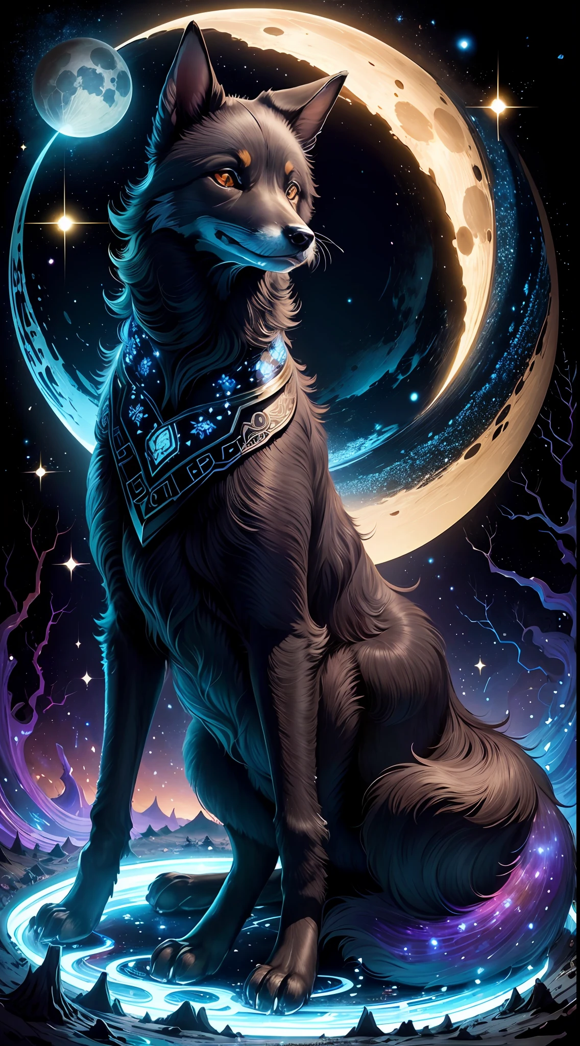 The theme is a scene of a galaxy forest,There is a black fox dog in the scene。In this galactic forest,There is a curved moon hanging high in the sky。The style of the whole scene is very complex,Adopted the style of James Jean and William Morris,Symmetry is emphasized。 --auto