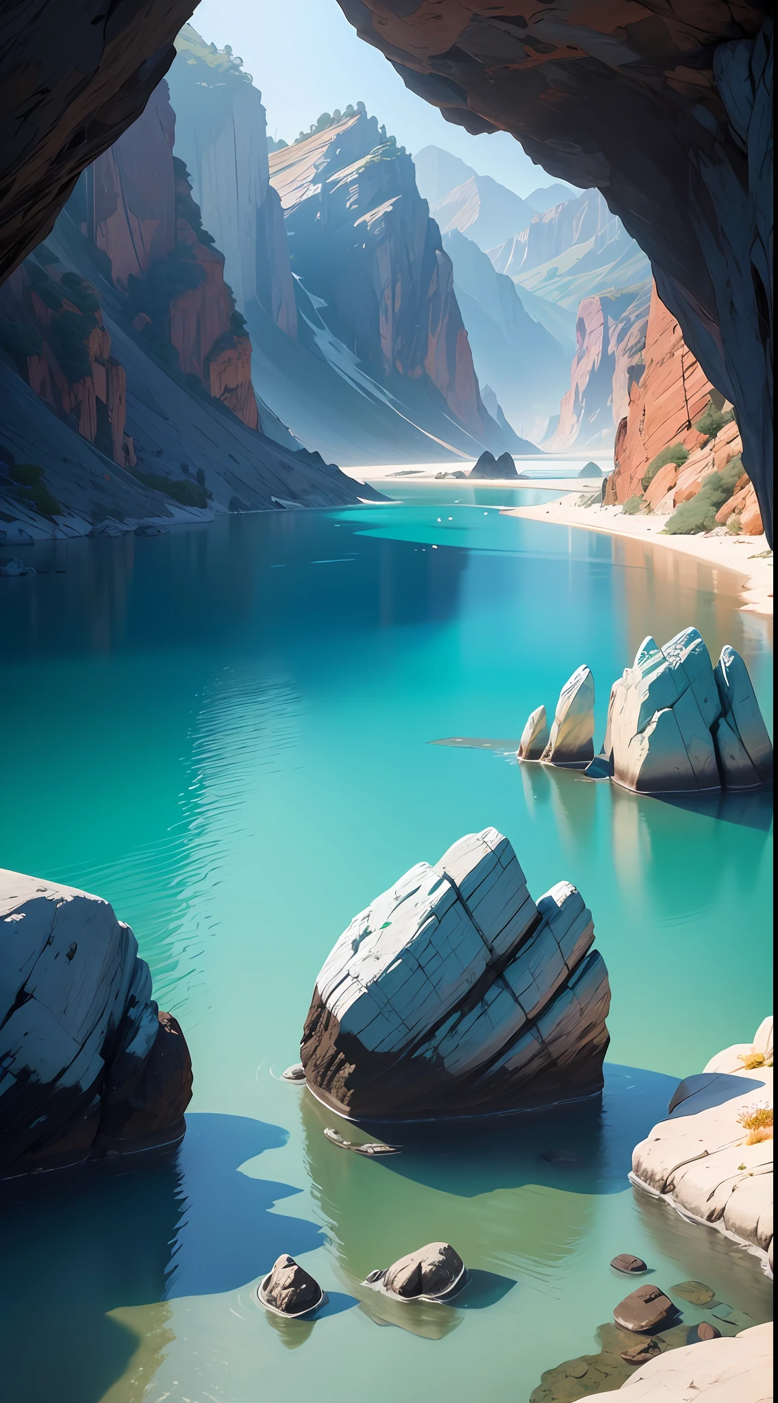 A scene of a bed of rock,The rock bed has a halo of turquoise,Makes the whole scene very beautiful and amazing。This scene may need to show the texture of the rock and the bright glow of turquoise,to create a stunningly beautiful picture。In terms of perspective,There are no specific requirements,You can choose the appropriate perspective to present as needed。On the technical side,There are no specific requirements,You can create according to your actual situation and preferences --auto