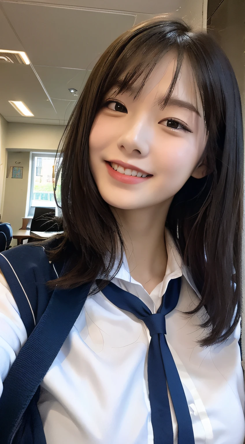 Highly detailed 8k wallpaper), short hair, sharp focus, detailed, dramatic, delicate and beautiful schoolgirl, white shirt, navy blue ribbon collar, dark blue pleated micro mini, sexy, smile, peek at the viewer, graphics beautiful, bright school building, full of students, show the whole body,.