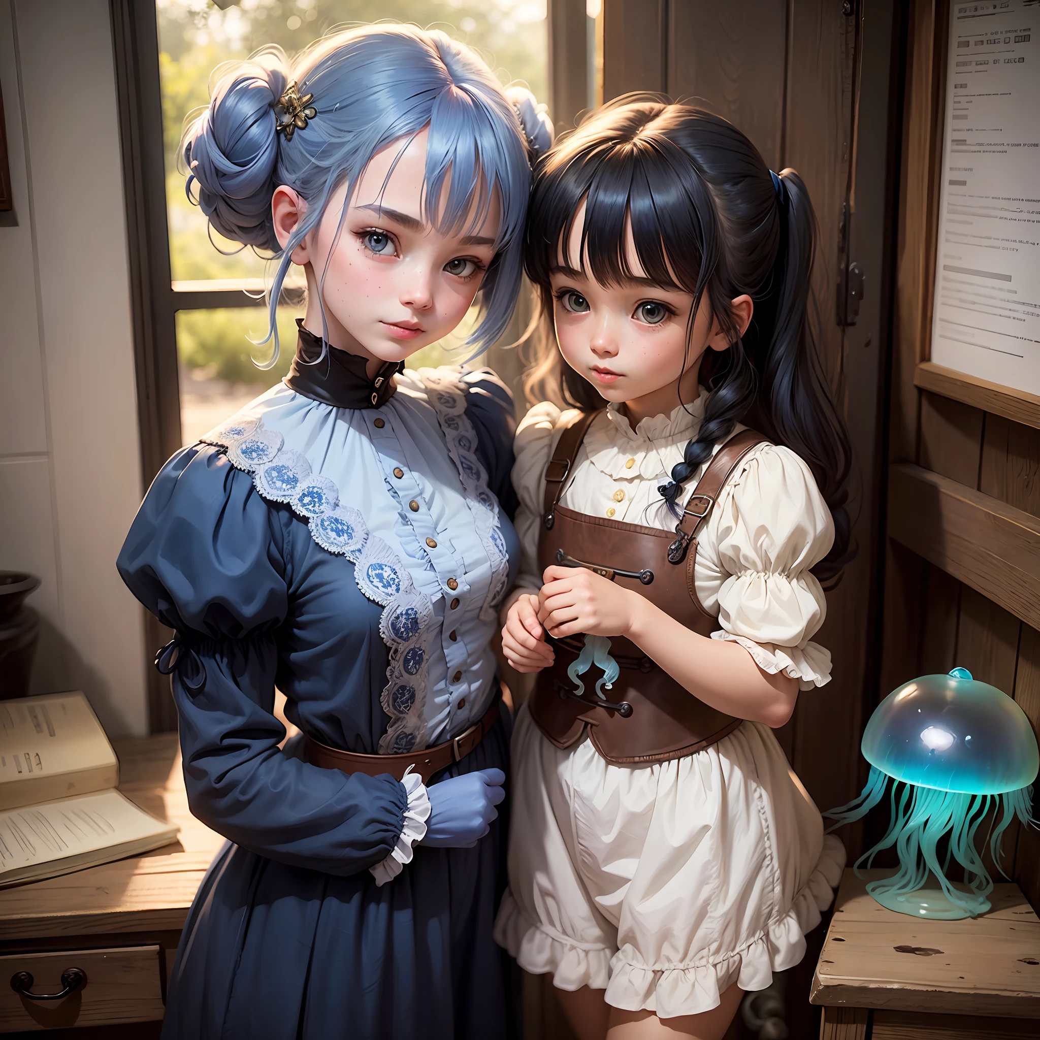 Blue antique costume, , Jellyfish hair style, By bangs, largeeyes,Dyeing,The kitten licks its tongue,ssmile,Look up slightly,Blushlush;twogirls,Technologie,mirai,featheredwings,ventania --auto