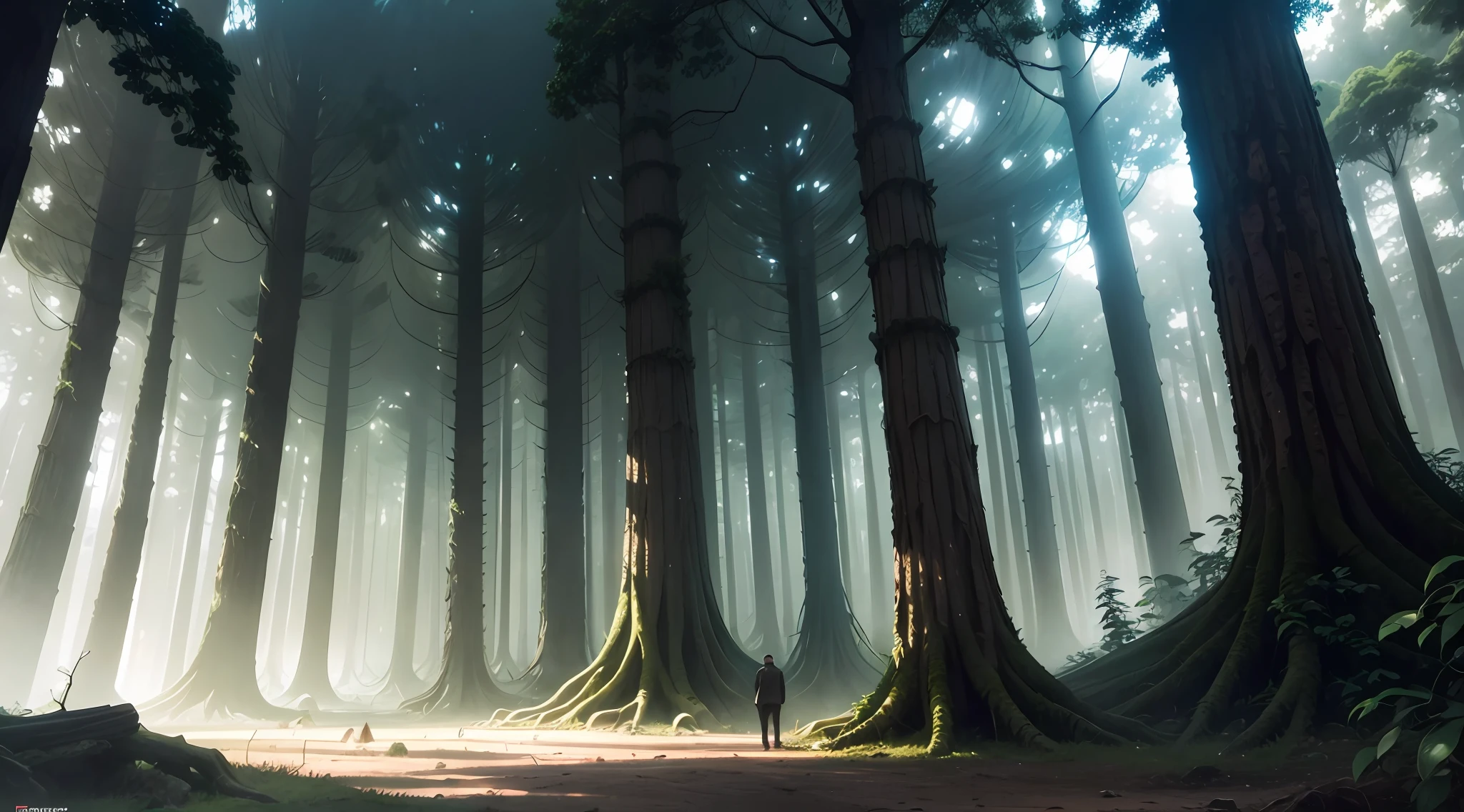 I want an amazing forest, obscura, Atmosfera escura, com 2 homens no centro conversando. --auto