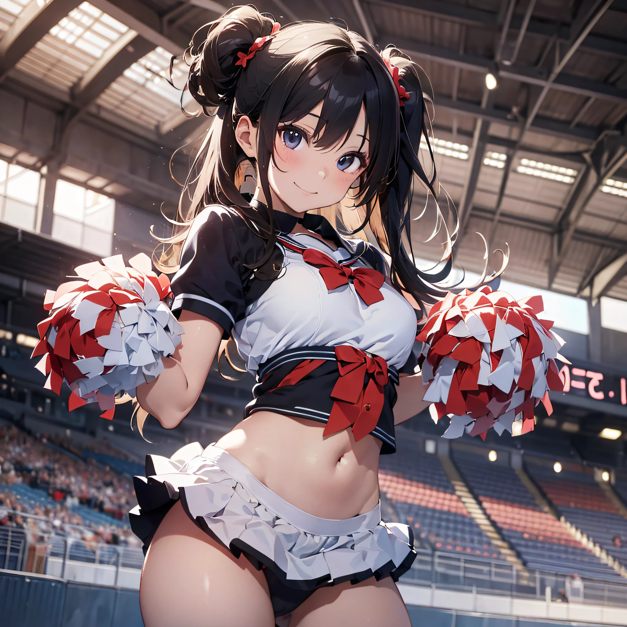 Ala Fed Asian cheerleader posing dynamically with large pom-poms in both hands in stadium、write、a closeup、cosplay foto、Anime Cosplay、tiny ?????、Raw photography, top-quality, hight resolution, (​masterpiece), (Photorealsitic:1.4), professional photograpy, foco nítido, nffsw, 8K分辨率, intricate detailes, depth of fields, the Extremely Detailed CG Unity 8K Wallpapers, front lit, girl with, beautiful supermodel, A smile、A slender、Mary Rose、Twin tail hair、Dense depiction、Korean style uniform、(posterior view)、Peeking from below、(skinny thigh)、White ????????? is visible