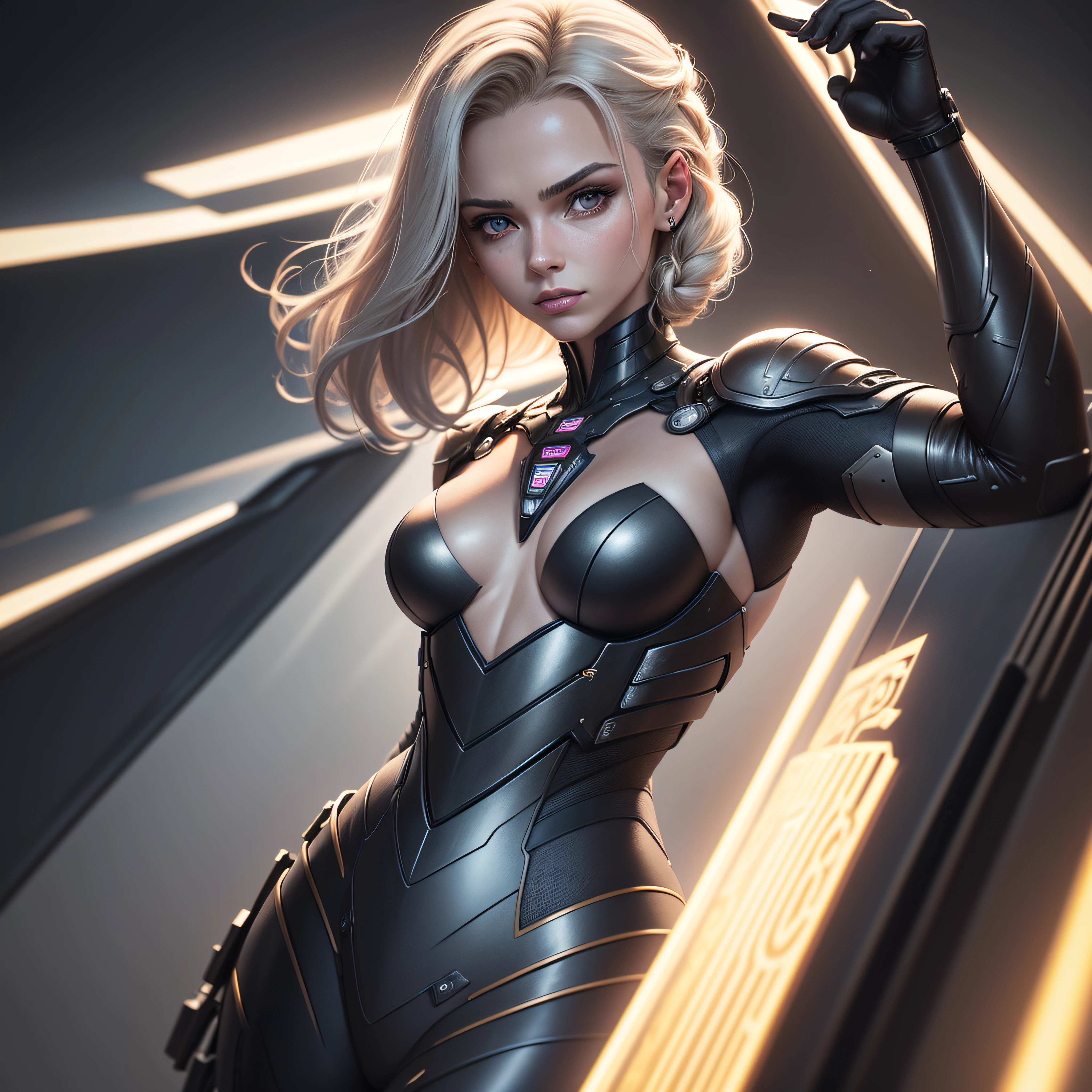 obra-prima, melhor qualidade, Cinematographic photo, anatomicamente correto, corpo inteiro, rosto realista, textura de pele real, digital art illustration, famme fatali, mulher inocente de 30 anos, pale skinned, Polish, pronounced feminine features, (alongamento), cabelo loiro liso, seios grandes, vestindo armadura de ouro cyberpunk, dark illustration style, (8k, dynamic compositing, fotorrealista, foco nítido), plano de fundo elaborado, cinemactic, thirds rule, luz de fundo, grain of film, detalhes intrincados, detalhes finos, --auto