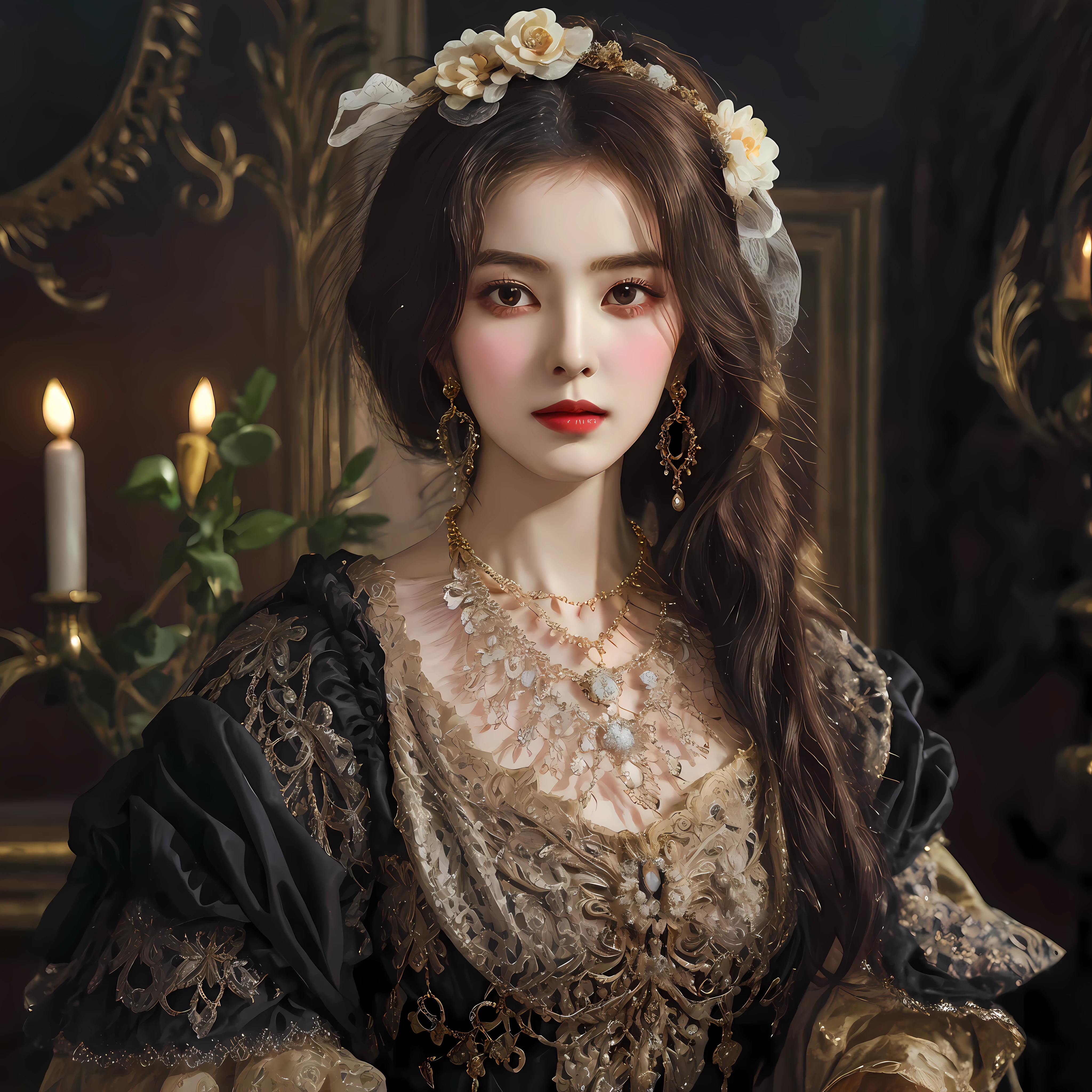 arafed woman in a black dress with a gold and white necklace, wearing an ornate outfit, in a high renaissance style, gorgeous woman, a beautiful victorian woman, renaissance style, exquisite aristocratic, in a renaissance style, portrait shot, baroque hair, traditional beauty, wearing elegant tudor clothes, elegant lady with alabaster skin, elegant portrait, photo of a beautiful woman