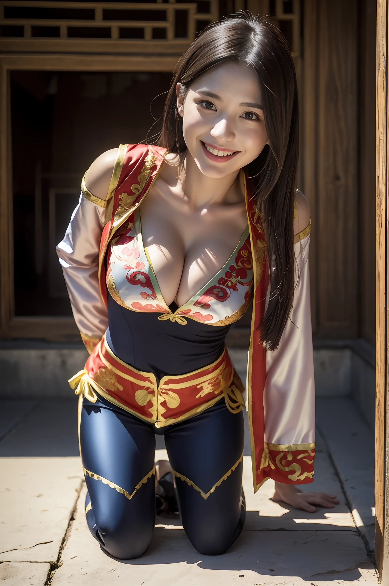 (((long Traditional Chinese costumes outfit comes off))),(((view full body))),(((Show cleavage))),(((bare inner thigh)))、(((show side breast))),(((detached sleeves))),(((over-kneehighs))),ulzzang-6500-v1.1, (Raw photo:1.2), (Photorealsitic:1.4), a beautiful detailed girl, extremely detailed eye and face, beautiful detailed eyes, ultra-detailed, High resolution, top-quality, masterpiece, ighly detailed, 8k wallpaper, magnifica, finely detail, top-quality, Light on the face,电影灯光,1girl in,(Forbidden City during the Ming Dynasty),Beautiful eyes,a smile,Opening Mouth,(((pants wedged between buttocks))),Lace-rimmed panties