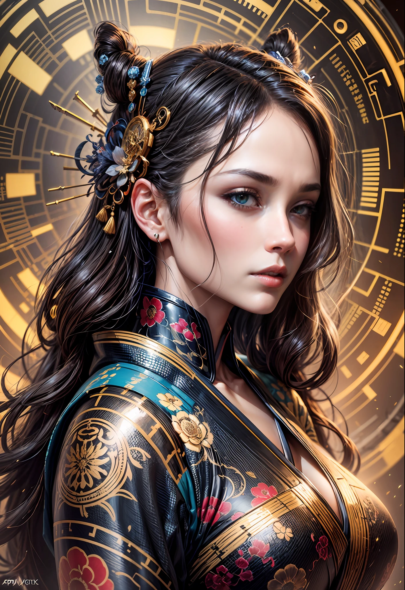 Hyperrealism detailed bio-fi genetic geisha transcendence belle Navigator, apical fashion, perfect face shading, aesthetics, light vanta black copper coating, blazing gold gloss, connecting glowing flowing hair, QR-Code Glyphs, radio active prismatic molecules, soft impressionist brush strokes, subtle sublime color, tight crop, muted colors, portrait painting, action pose, fill the whole picture, rich hyper details, vivid global light, 3D pristine 8K sleek, perfect inventor composition, realistic impressive shadow shading, WLOP, professional ominous concept art, an intricate, elegant, highly detailed digital painting, concept art, smooth, sharp focus, illustration, in the style of Michael Parkes